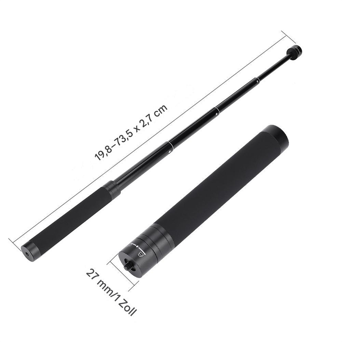 Ein schwarzer, ausziehbarer Schlagstock mit Maßen: 19,8-73,5 x 2,7 cm und 27 mm/1 Zoll.