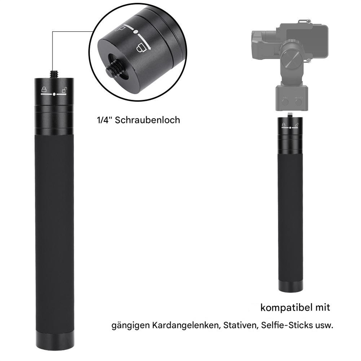 Schwarzer Griff mit 1/4" Schraubenloch. Der Griff wird für Gimbals, Selfie-Sticks usw. verwendet.