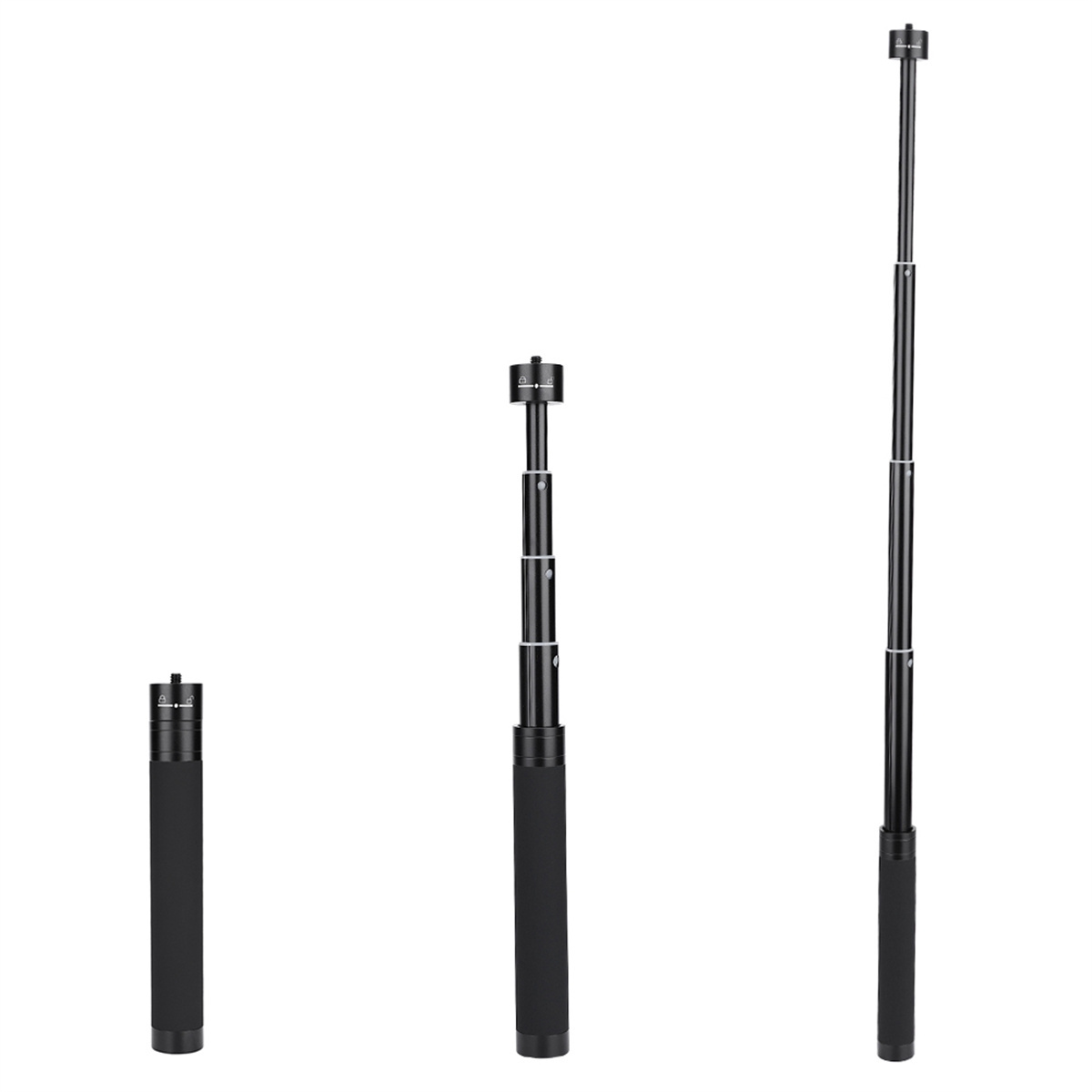 Drei schwarze Selfie-Sticks in unterschiedlichen Längen, mit schwarzen Griffen.