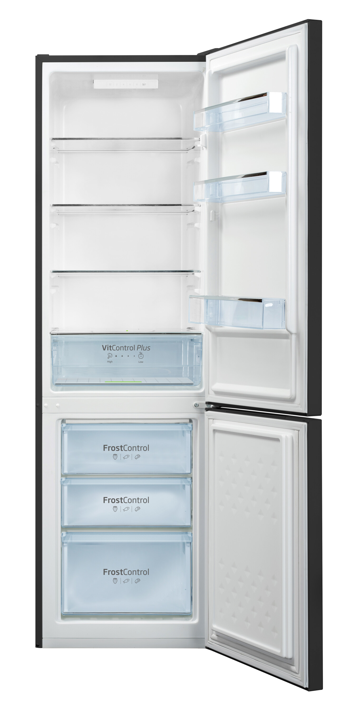 Geöffneter Kühlschrank. Innenraum mit Regalen, Schubladen und klarer Tür. Weißes Innere, schwarzes Äußere.