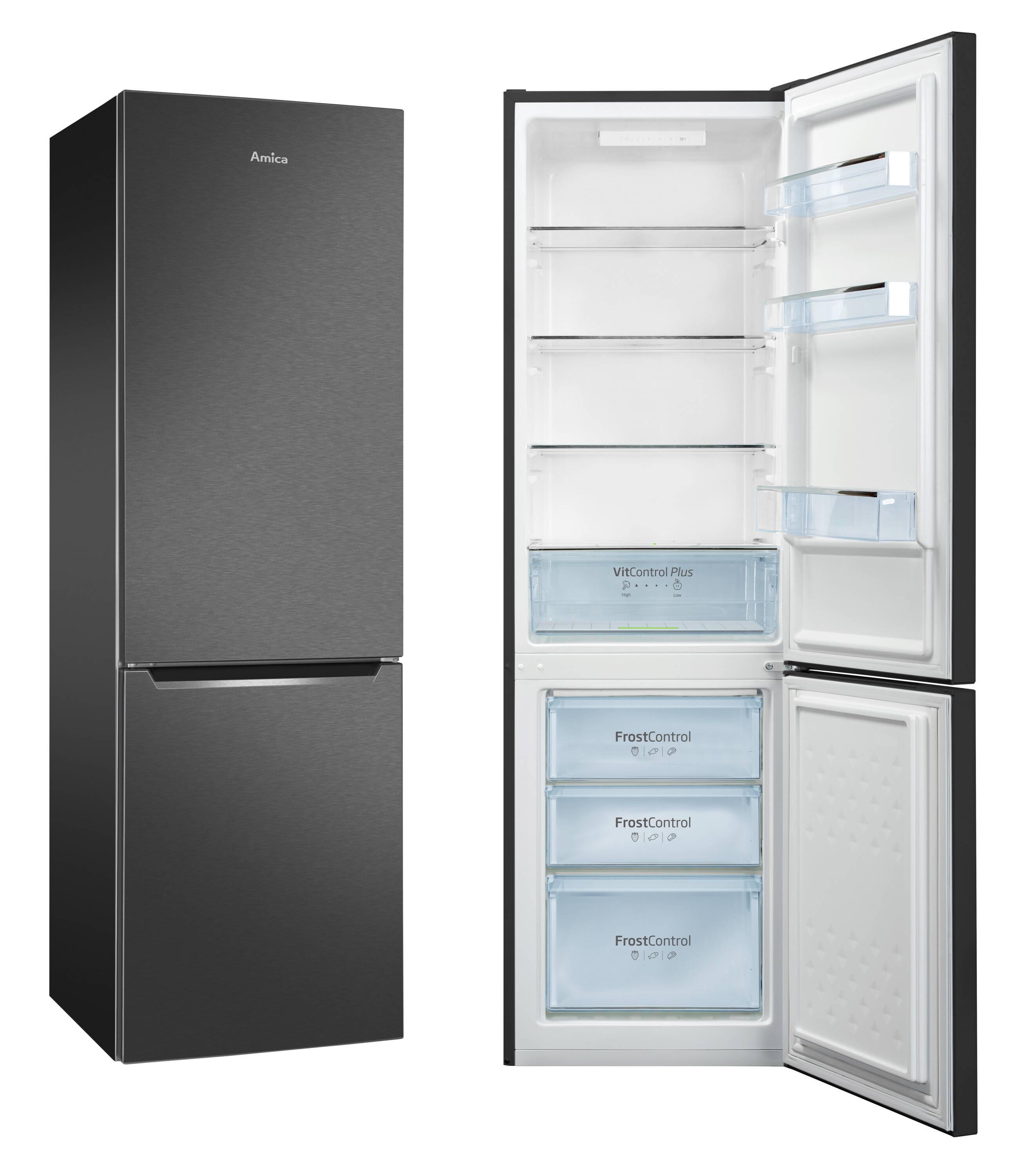 Schwarzer Kühlschrank mit Edelstahloberfläche, Tür geöffnet. Regale und Schubladen sichtbar.