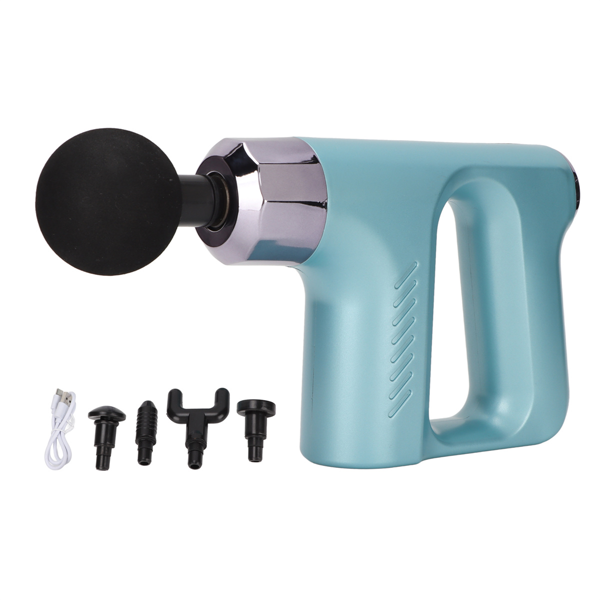 Eine blaue Massagepistole mit Aufsätzen und einem schwarzen Kugelkopf auf weißem Grund.