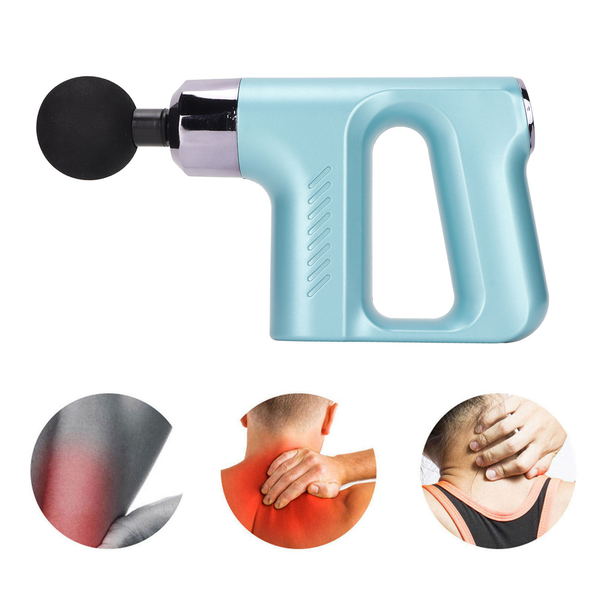 Hellblaue Massagepistole mit schwarzem Kopf und drei Schmerzillustrationen.