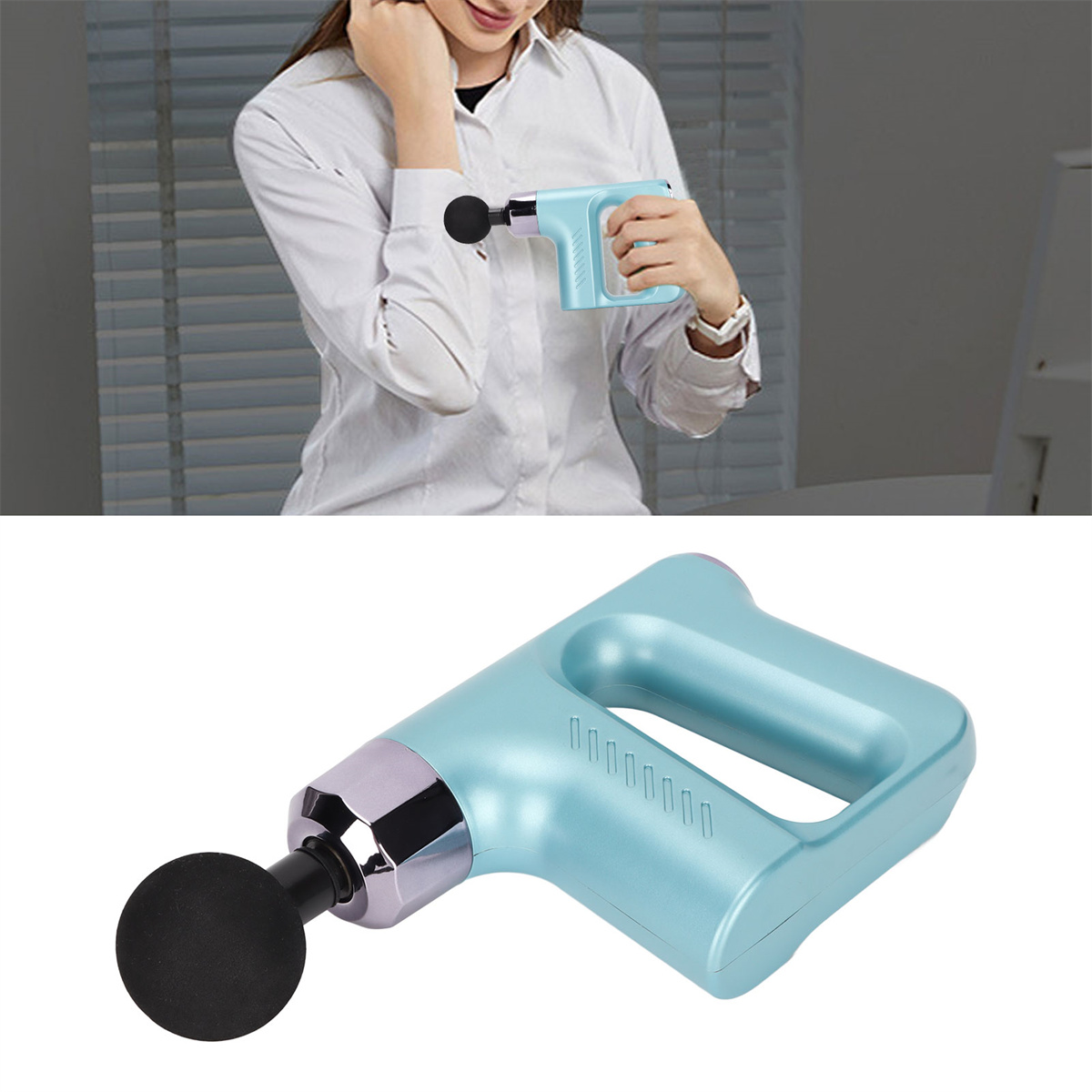 Eine Person, die eine Massagepistole an ihrem Ellbogen verwendet.