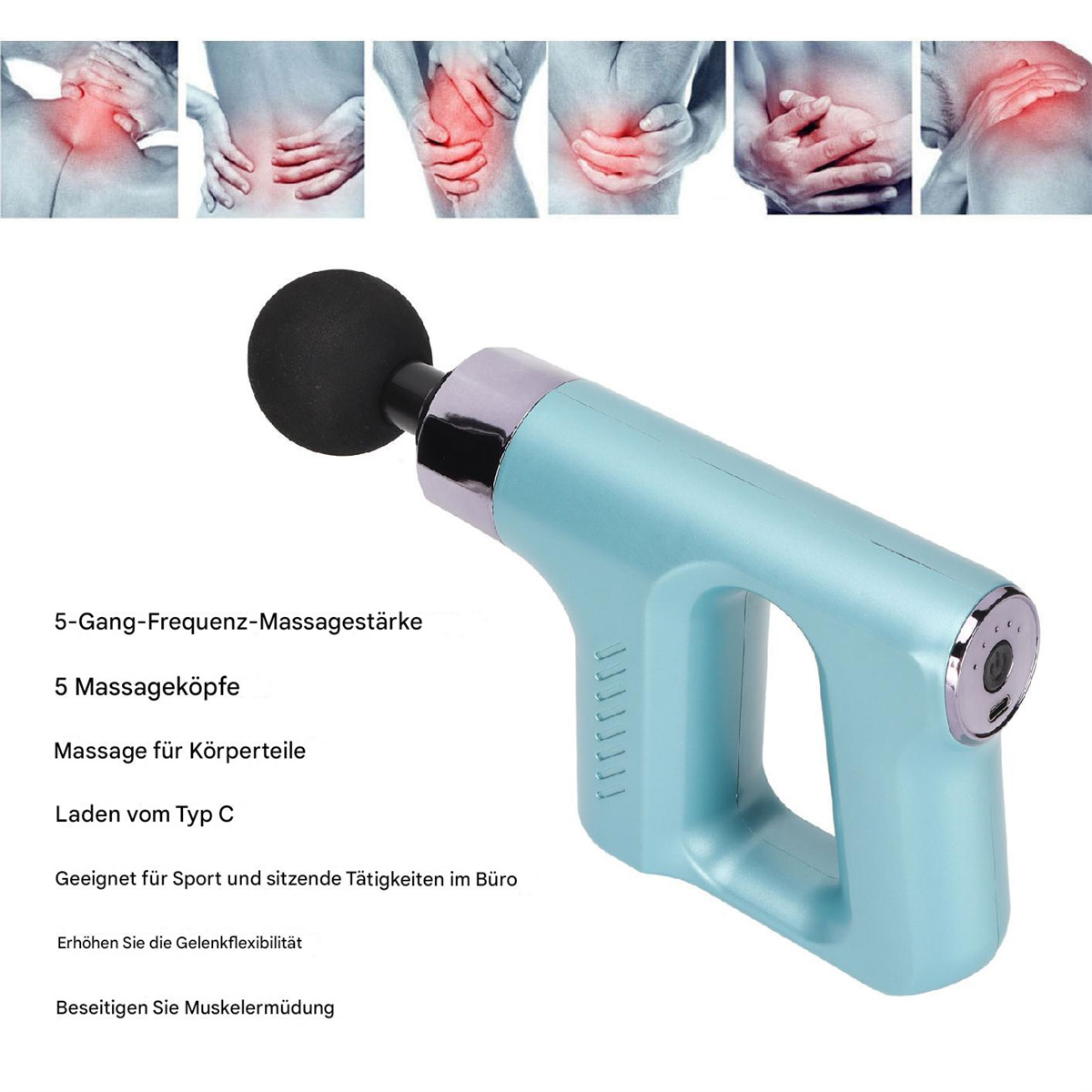 Eine Massagepistole und Diagramme, die zeigen, wo die Massage gut für den Körper ist.