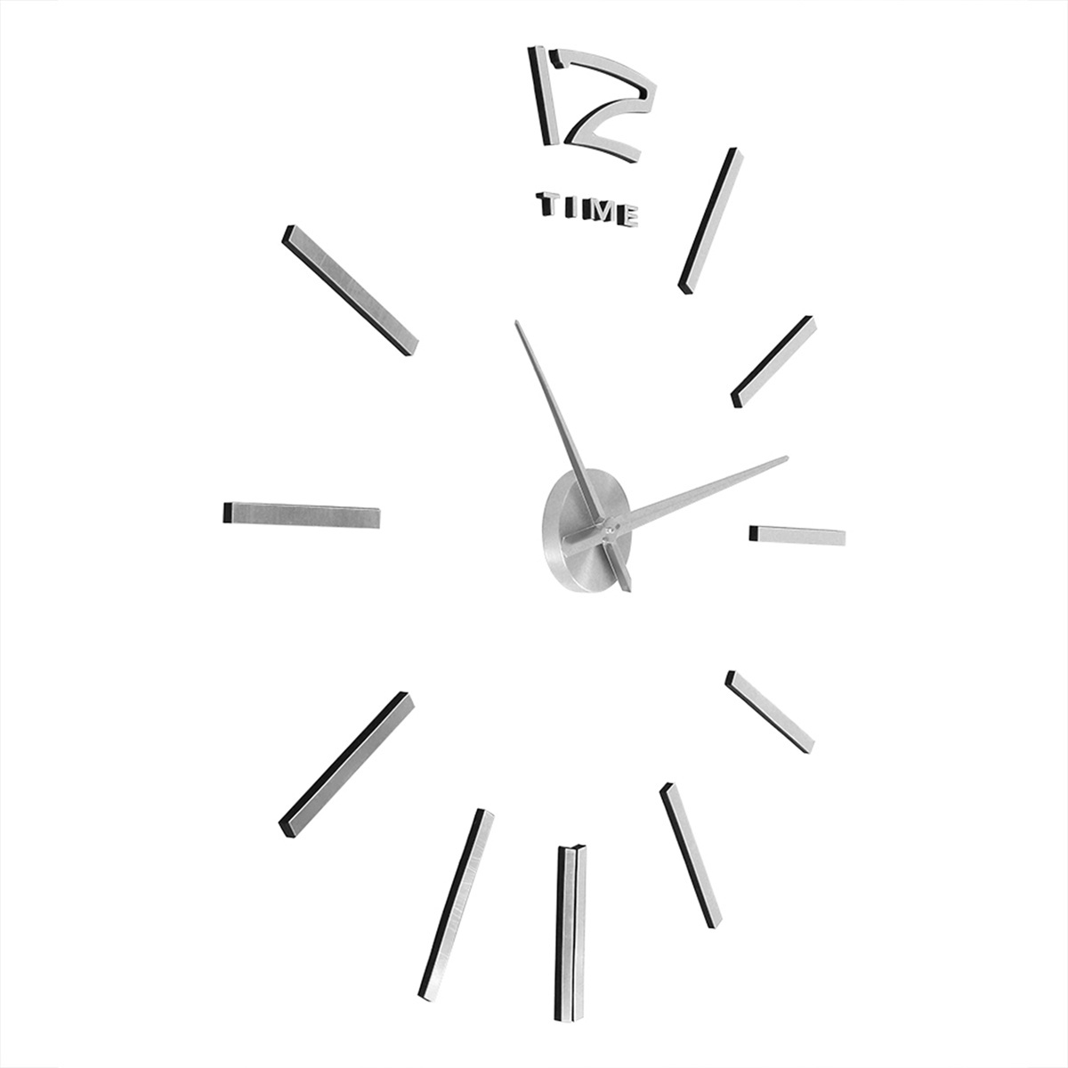 Eine silberne Uhr mit schwarzen Linien, die Stunden und Minuten anzeigen. Die Uhr zeigt 12:00 Uhr.