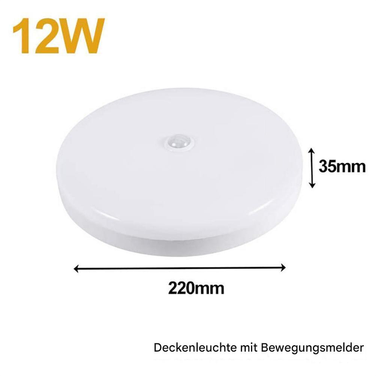 Eine runde, weiße Deckenleuchte mit Bewegungsmelder und 220mm Durchmesser.
