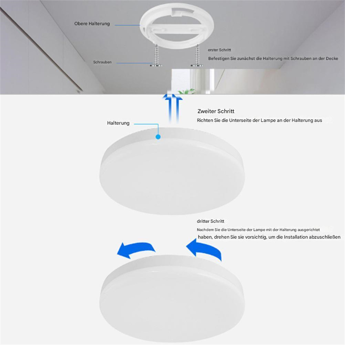Diagramm der Deckenleuchteninstallation. Anweisungen zeigen die Montage der Leuchte an der Decke.