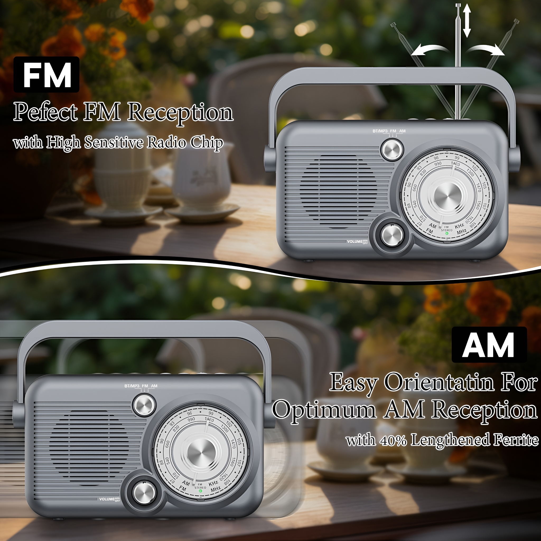 Radio mit FM- und AM-Modus, Griff und Knöpfen. Draußen aufgestellt.