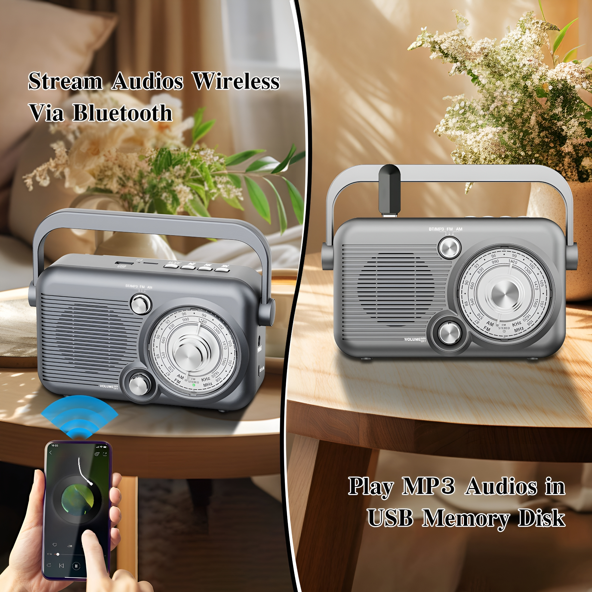 Zwei Bilder eines grauen Radios im Retro-Stil. Eines zeigt ein Telefon, das über Bluetooth verbunden ist.