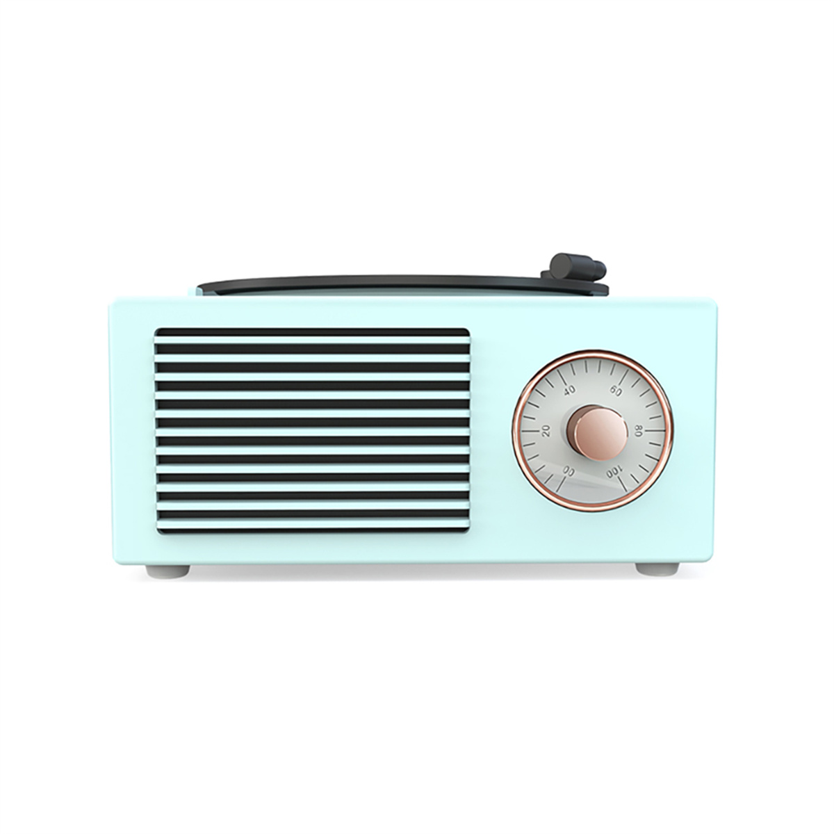 Ein hellblaues Radio mit einem kreisförmigen Zifferblatt und einem Lautsprechergitter. Es ist auf weißem Hintergrund.