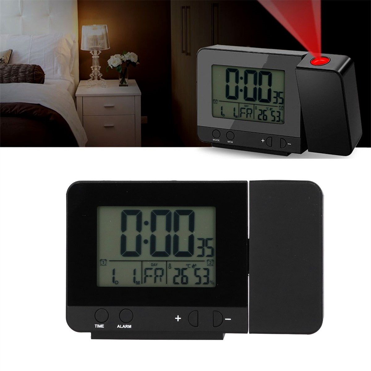 Schwarze Digitaluhr mit rotem Projektionslicht, das die Uhrzeit anzeigt.