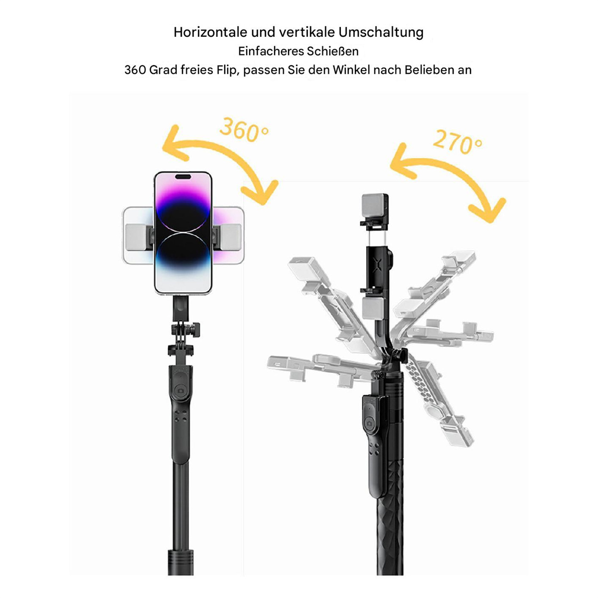 Selfie-Stick mit befestigtem Telefon, zeigt 360- und 270-Grad-Drehmöglichkeiten.