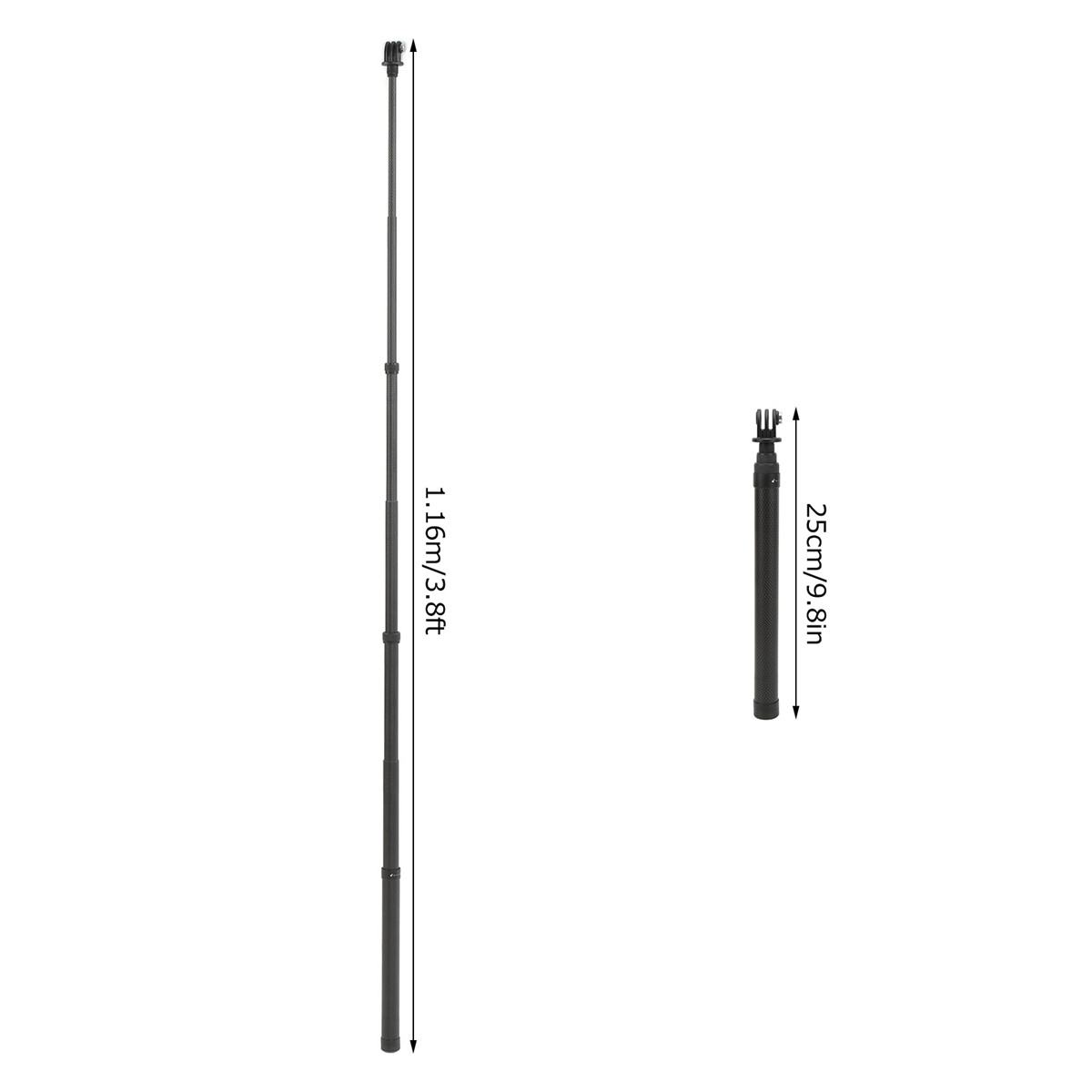 Ein langer, schwarzer, ausziehbarer Selfie-Stick und ein kürzerer Stick auf weißem Hintergrund.