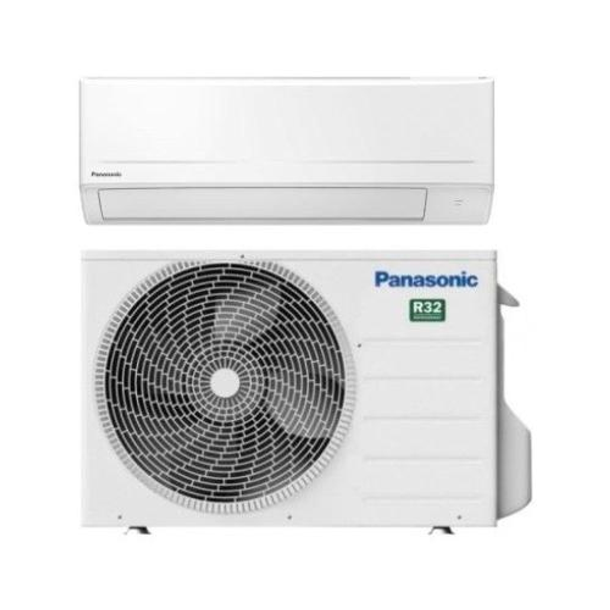 Un aire acondicionado Panasonic blanco con una unidad interior y una unidad exterior.