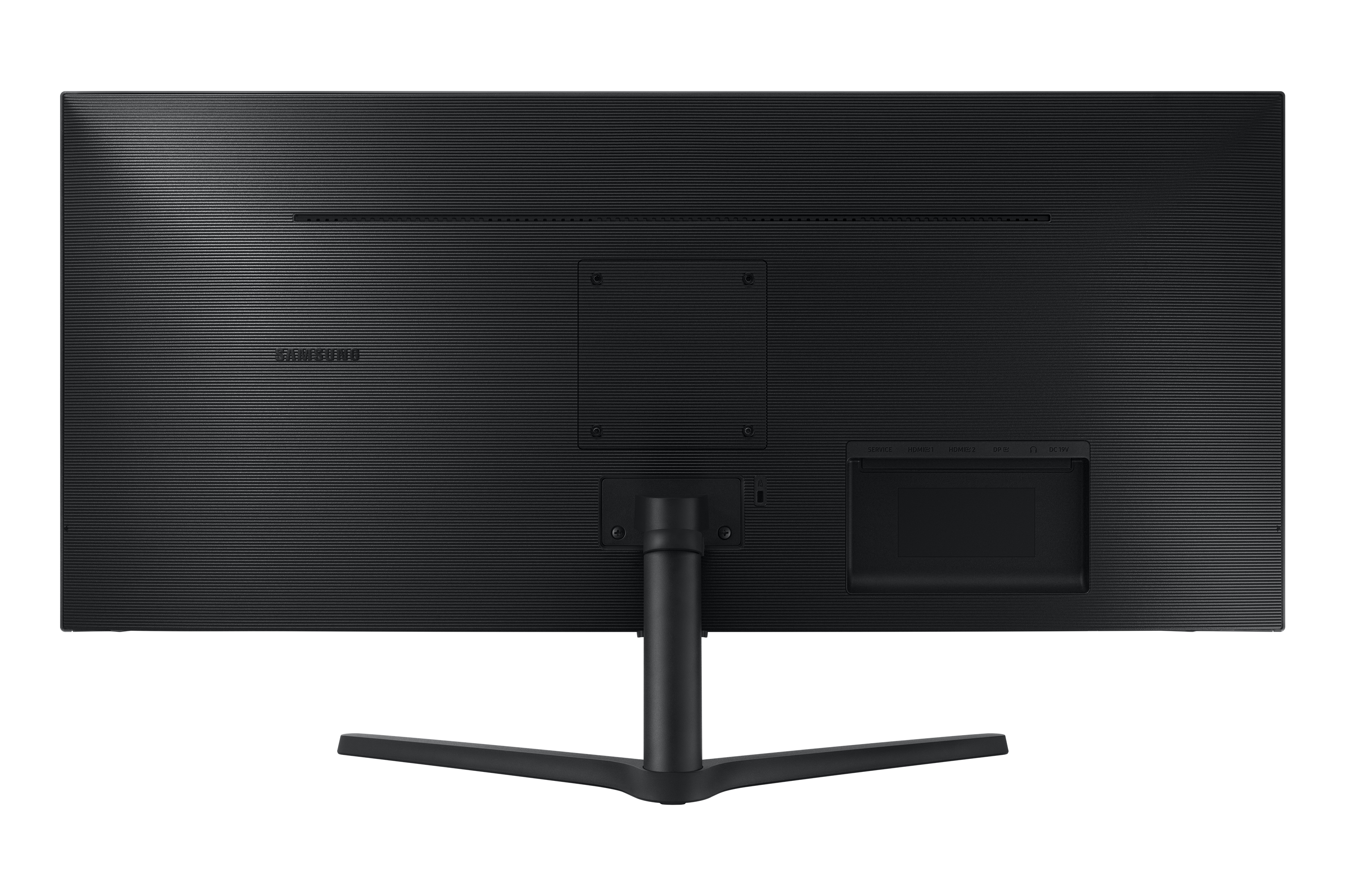 Vista posteriore di un monitor nero. Include il logo Samsung e le porte di connessione.