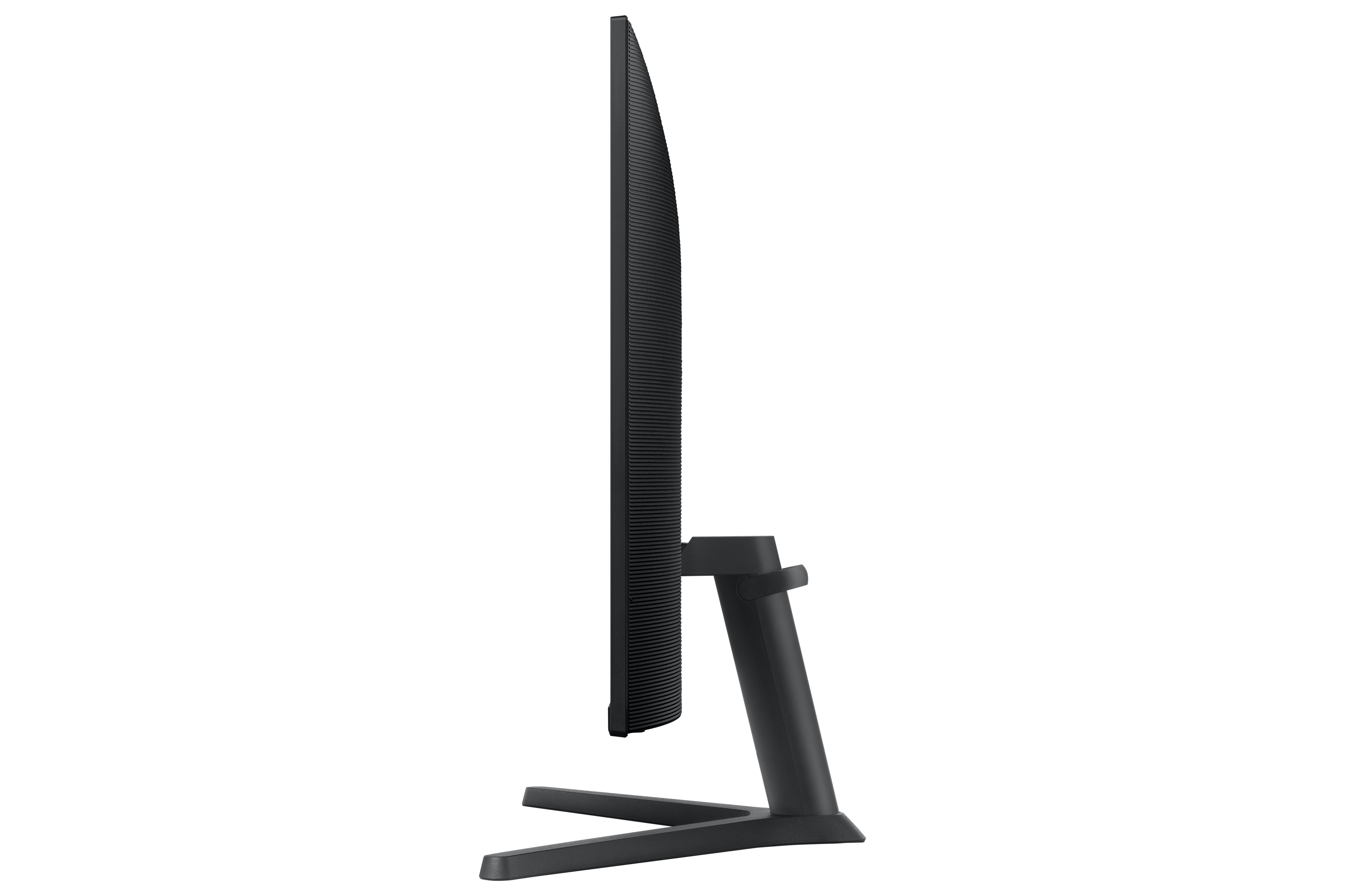 Vista laterale di un monitor nero con cornice sottile e supporto.
