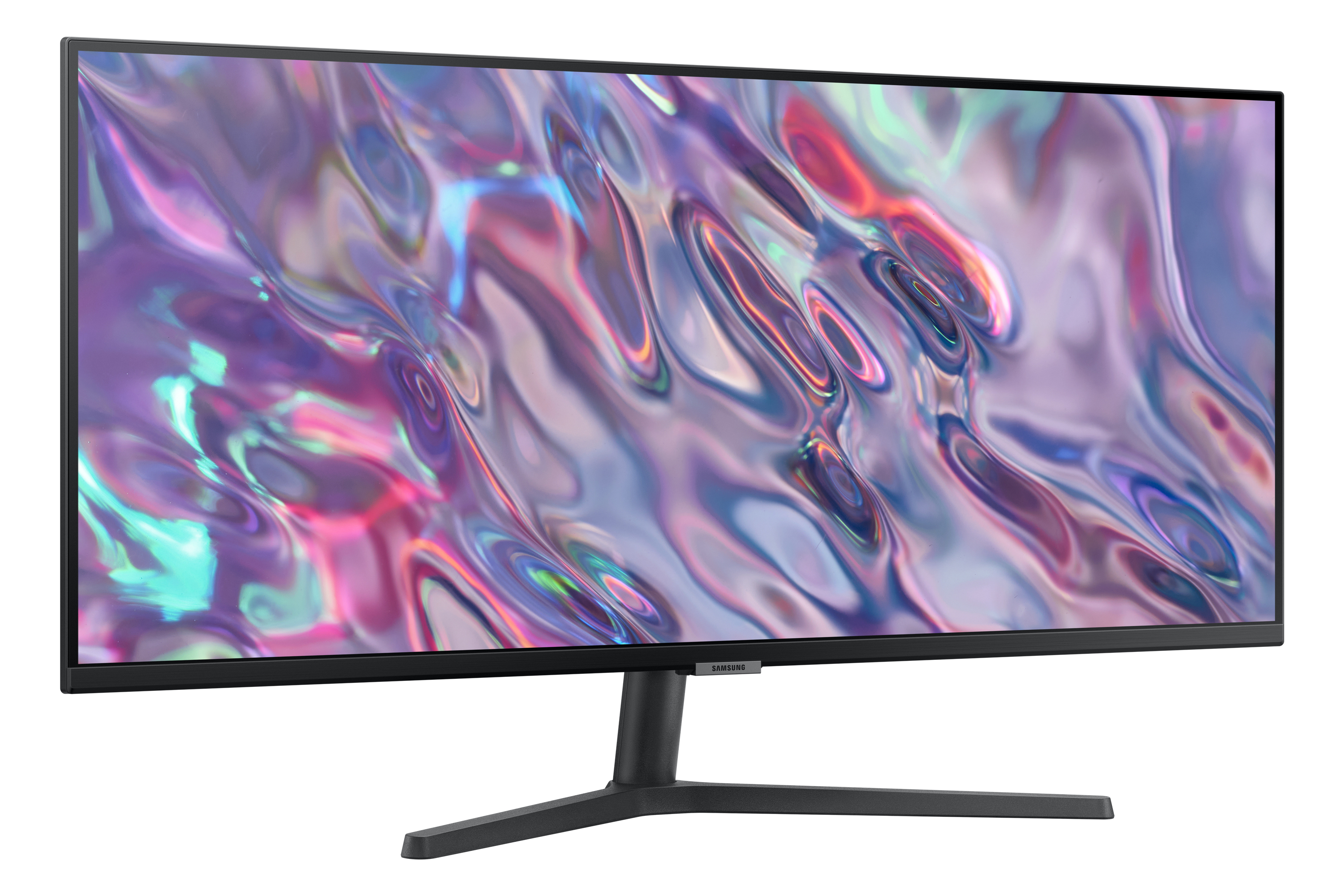 Monitor ampio con immagine astratta colorata. È su un supporto nero.