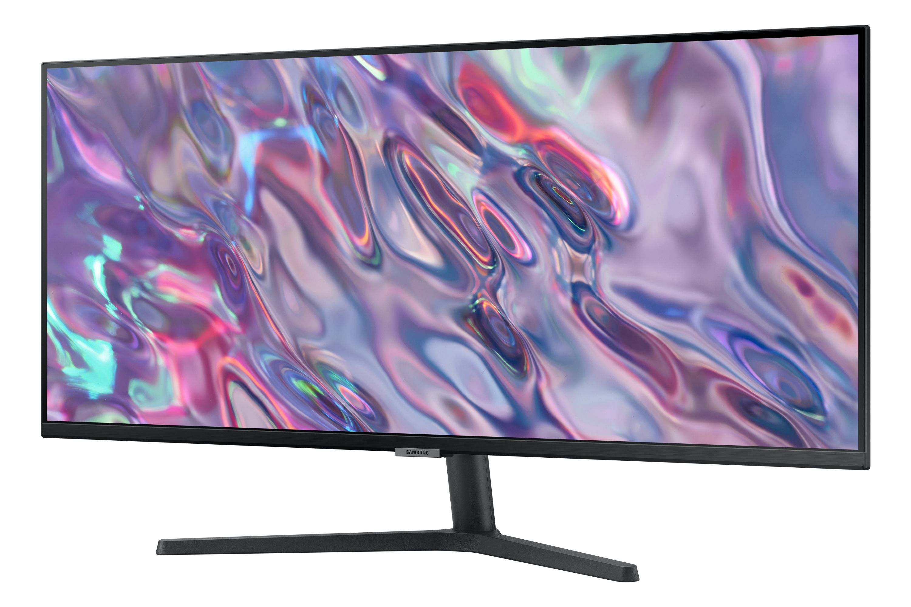 Monitor nero con schermo curvo, supporto nero, superficie bianca.