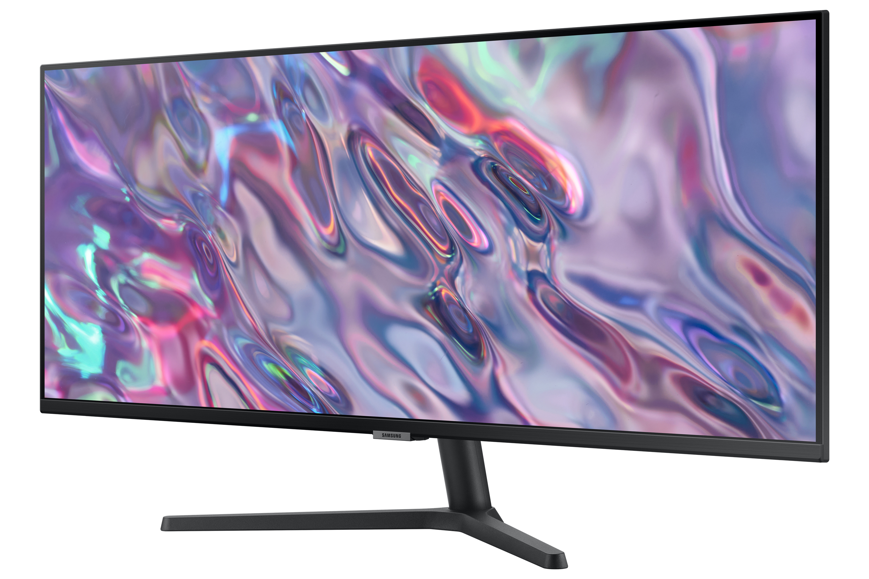 Un monitor SAMSUNG bianco e argento con supporto nero, che mostra un'immagine colorata.