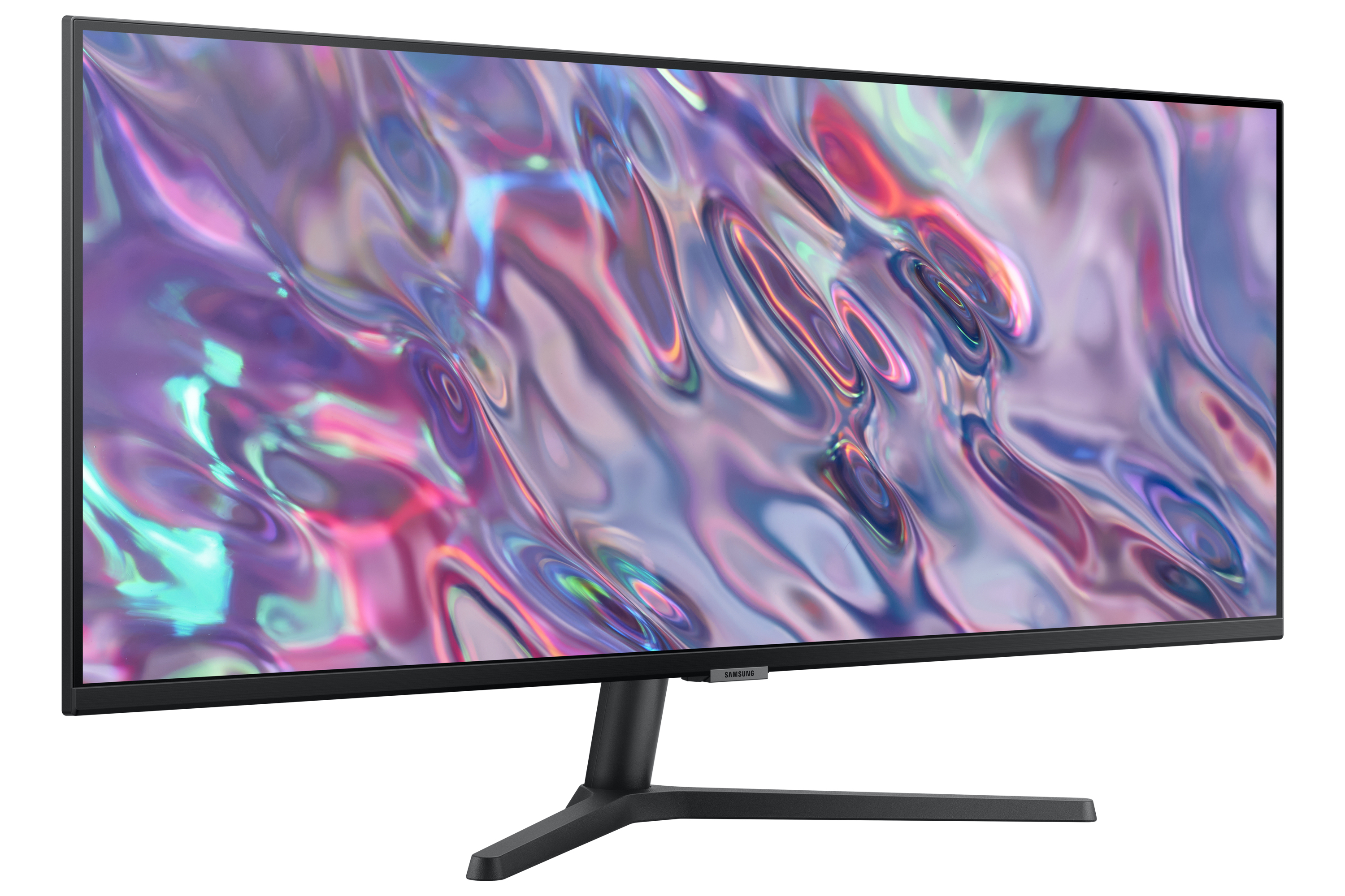 Un monitor per computer con uno sfondo astratto colorato e un supporto nero.