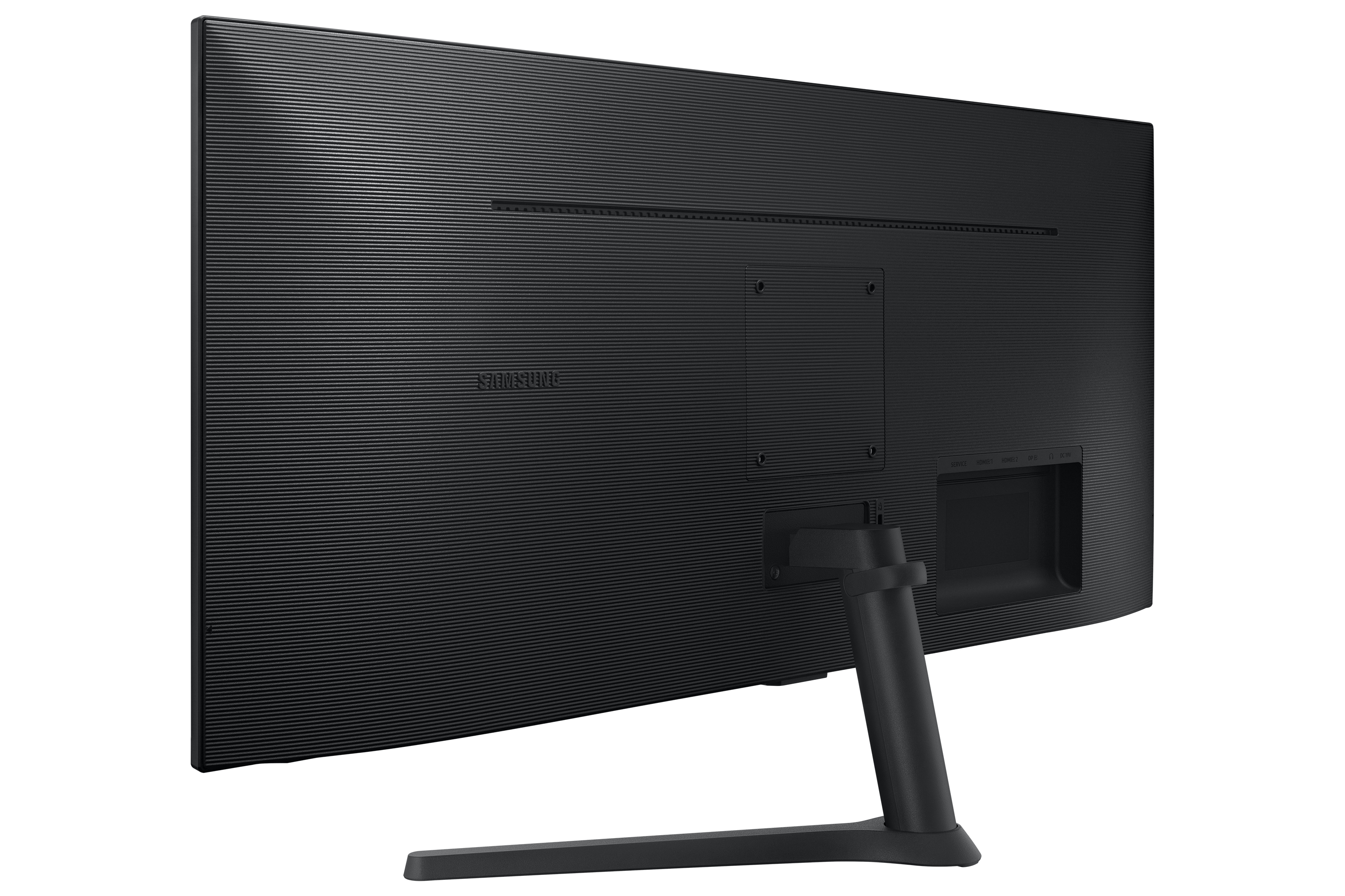 Retro del monitor nero. Texture a coste. Supporto e porte in basso.