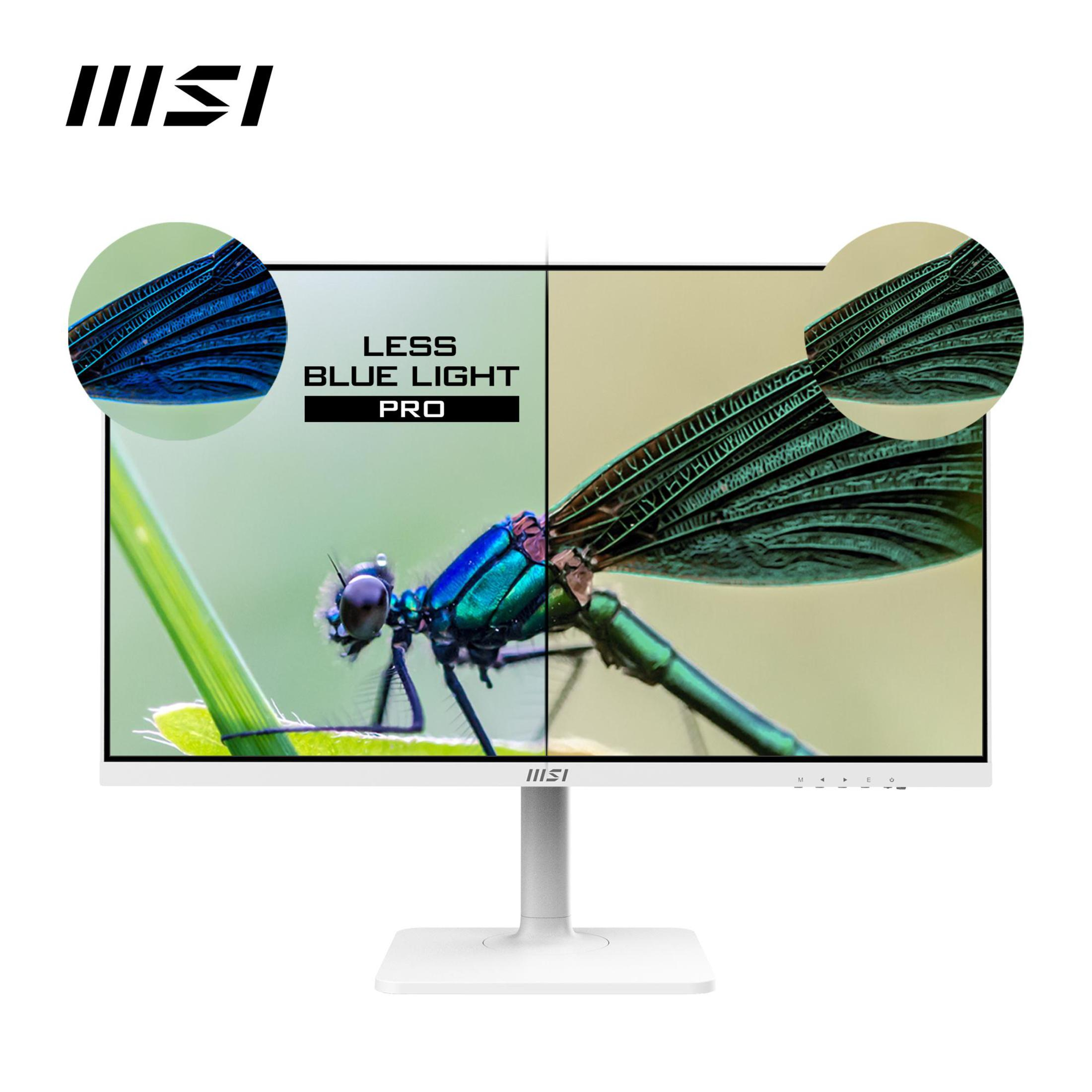 Monitor MSI blanco que muestra una imagen de pantalla dividida con 