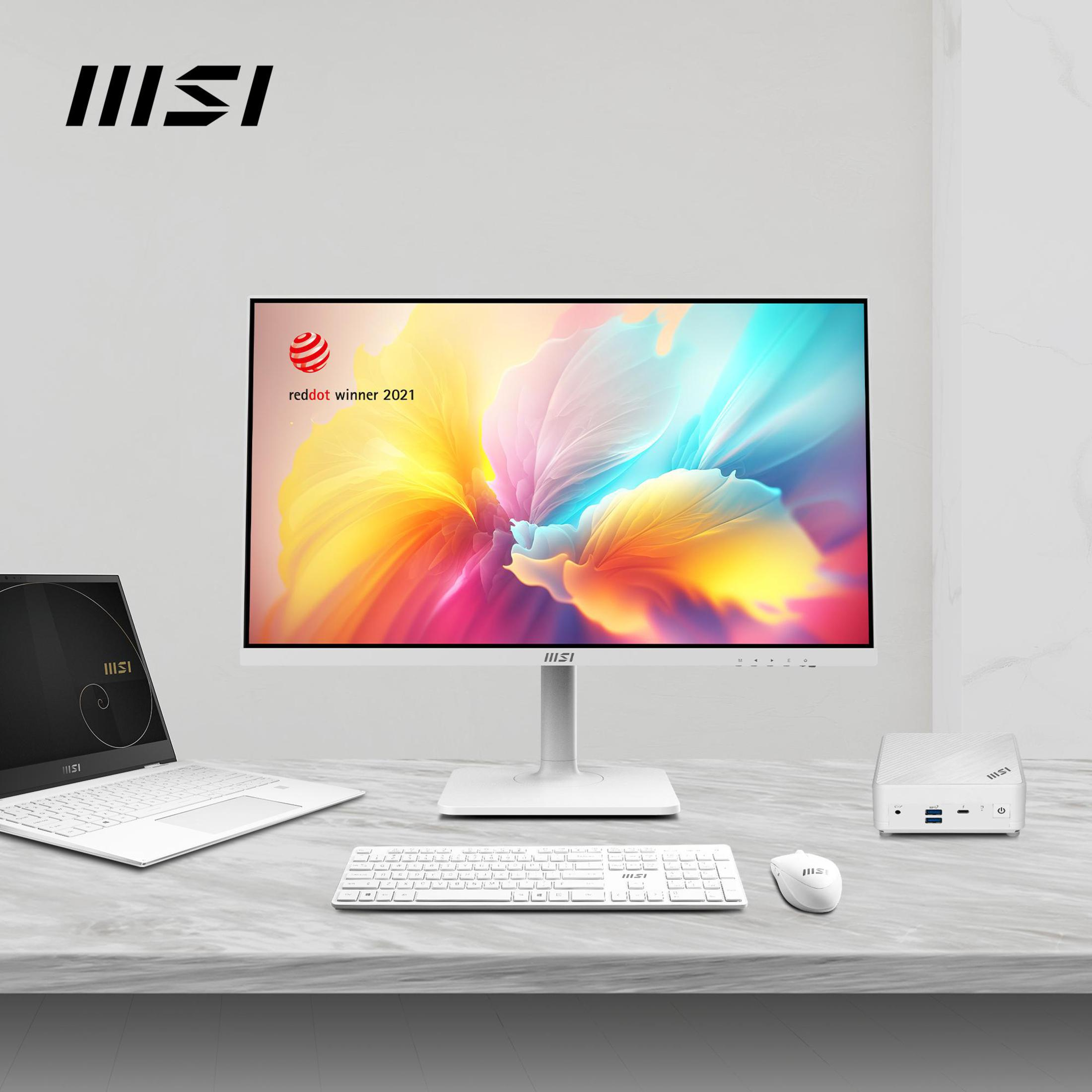 Monitor MSI blanco, portátil y periféricos de computadora en un escritorio de mármol.