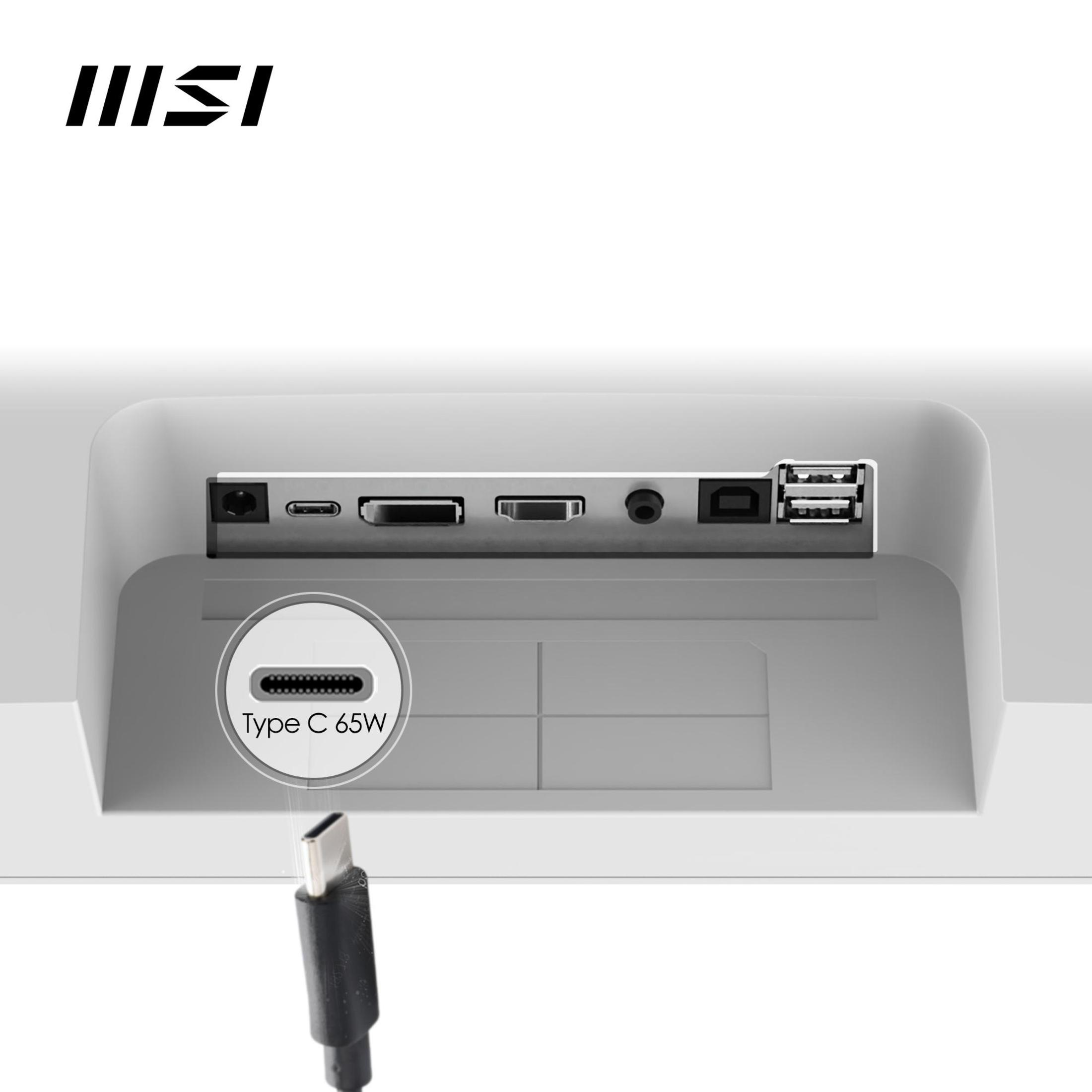 Parte trasera de un monitor gris claro con puertos. Un cable USB está conectado a un puerto tipo C.
