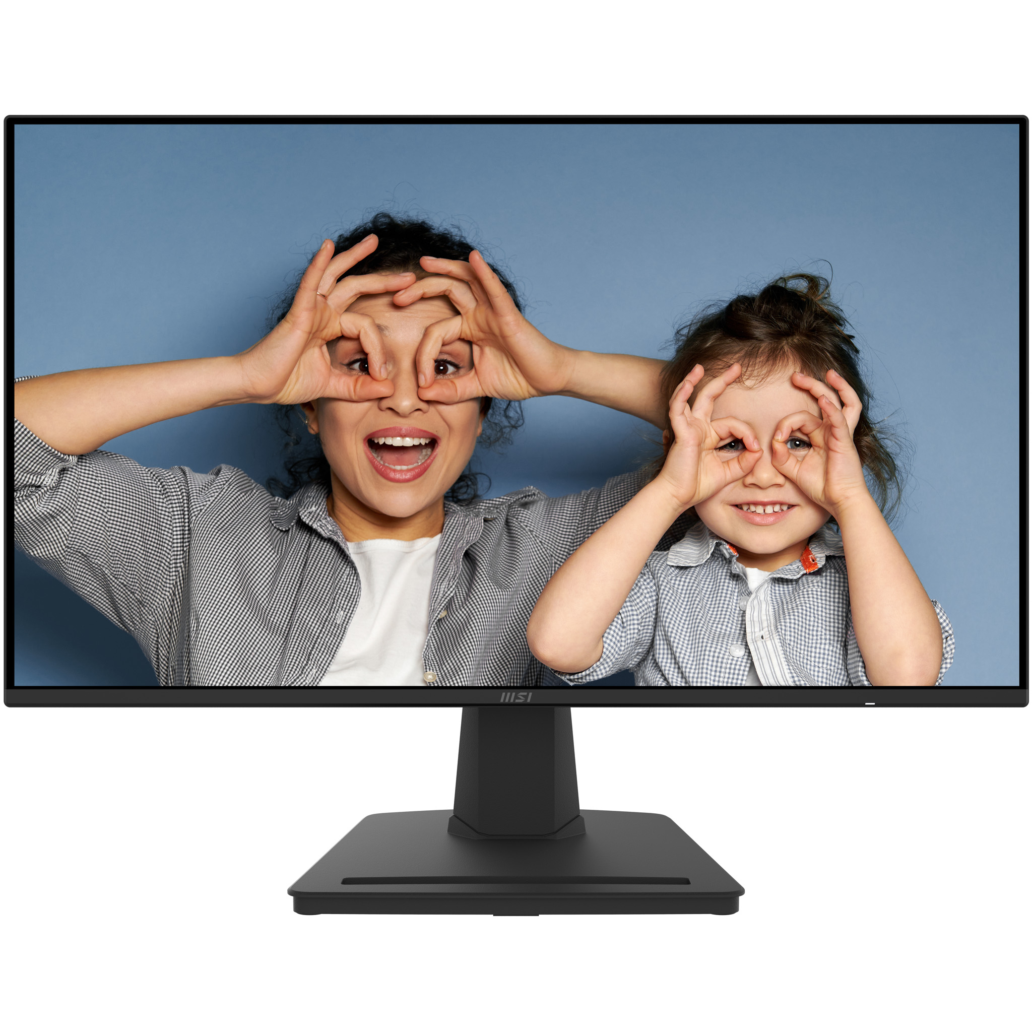 White MSI gaming monitor with text and images, on a white stand.