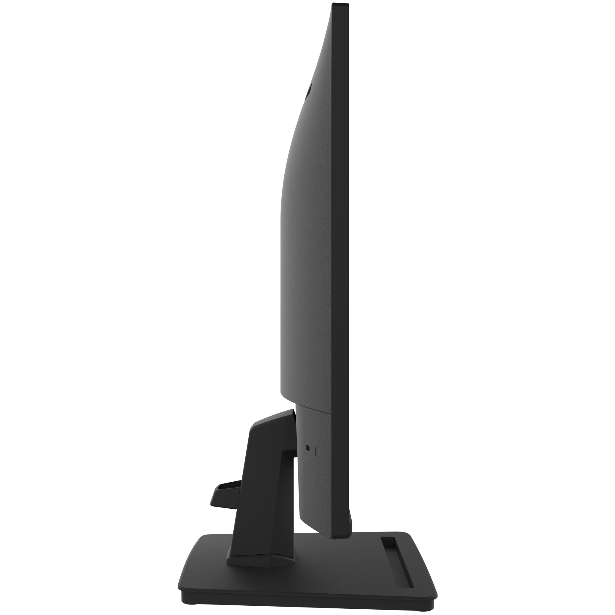 Side view of a black monitor with a stand, showing the side profile.