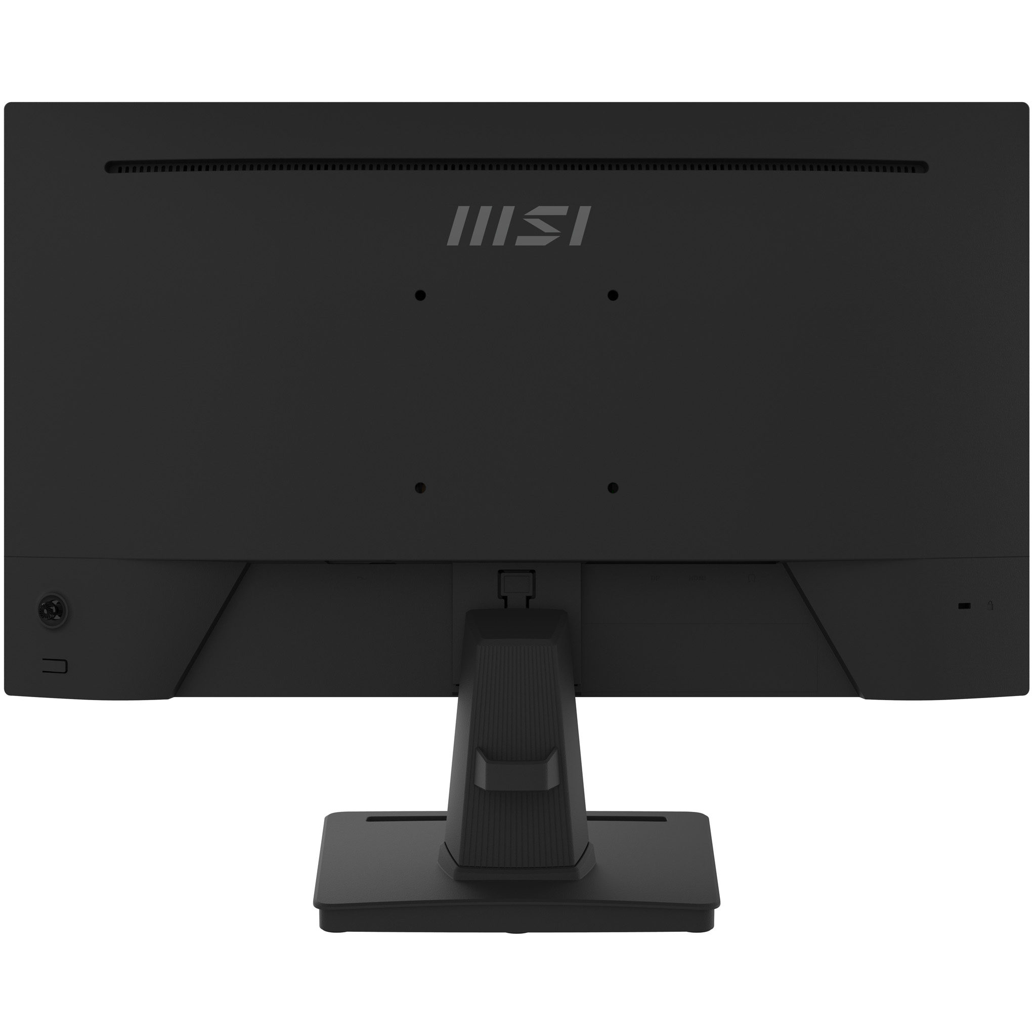 A black computer monitor's rear view, showing the MSI logo and various ports.