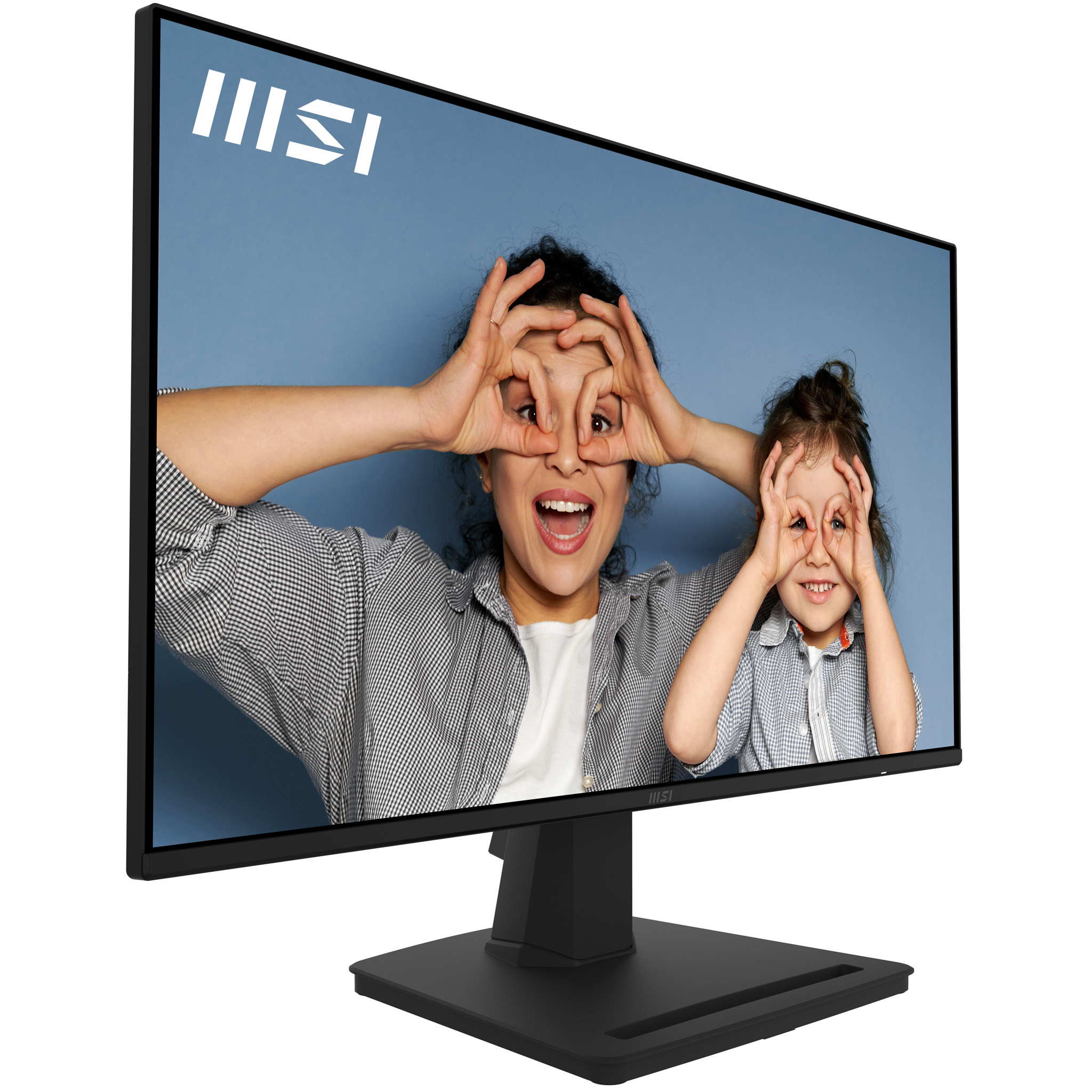 MSI monitor displaying a mother and child making eye gestures.