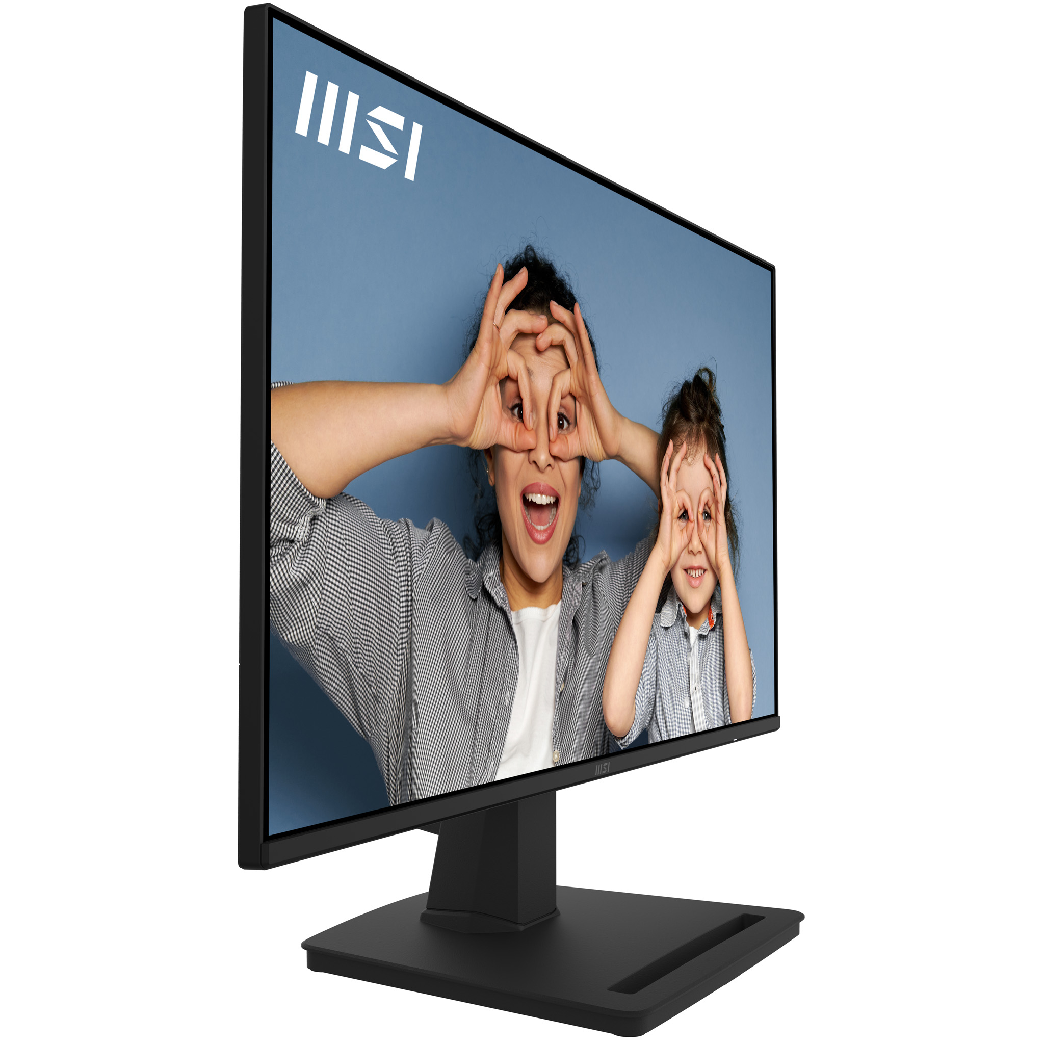 MSI monitor displaying a woman and child making eye-shaped gestures. The monitor is on a black base.