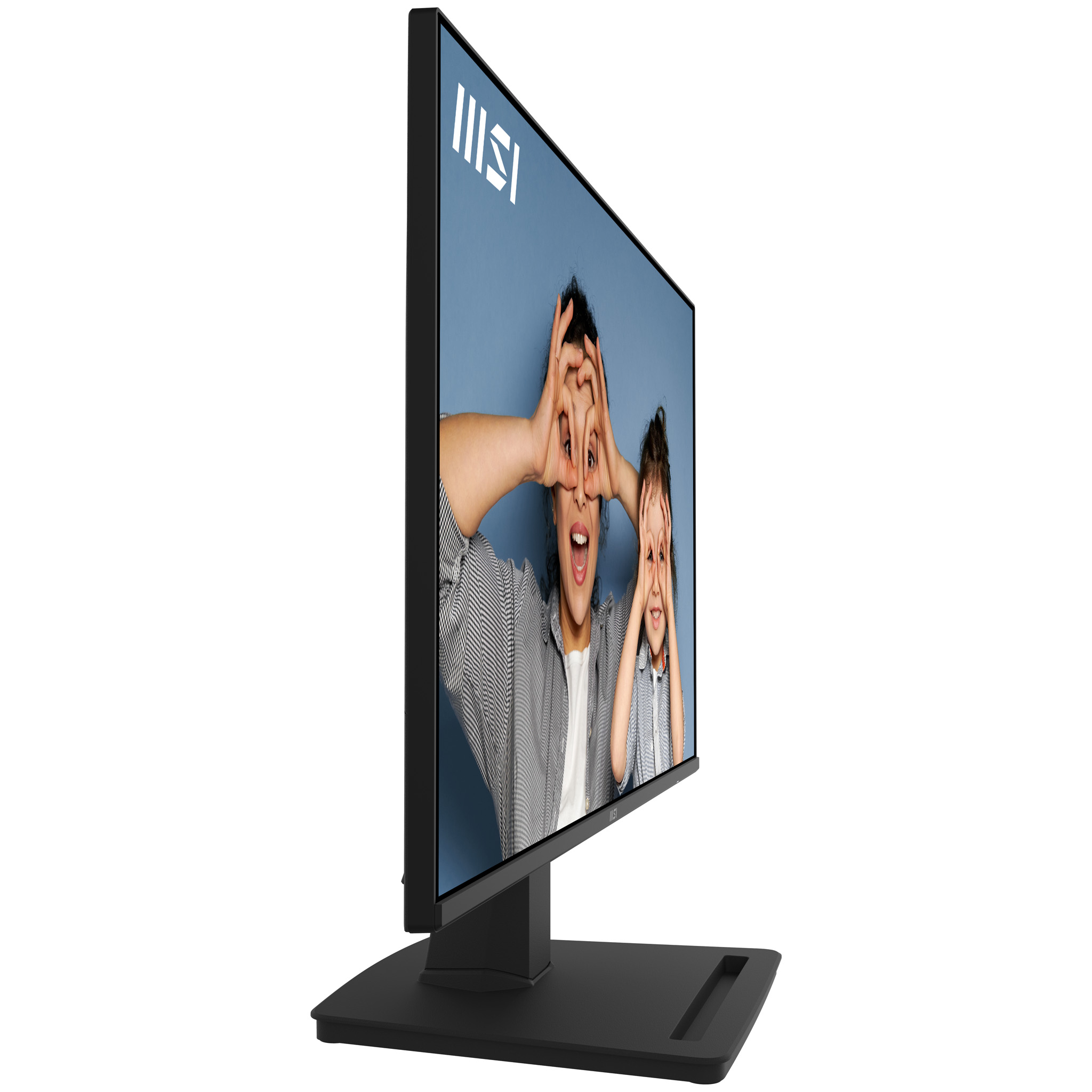 A black monitor displaying a picture of a woman and child making silly faces.