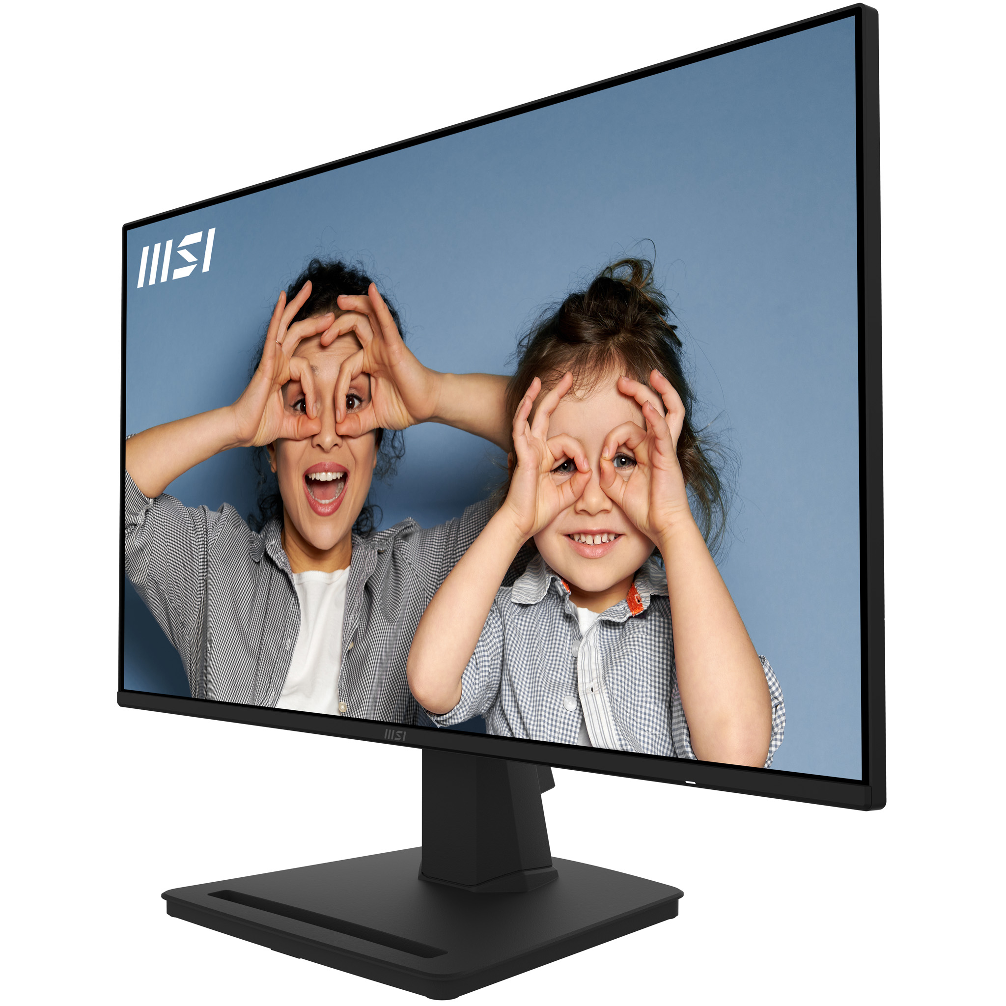 MSI monitor displaying two children making a circle with their fingers around their eyes.