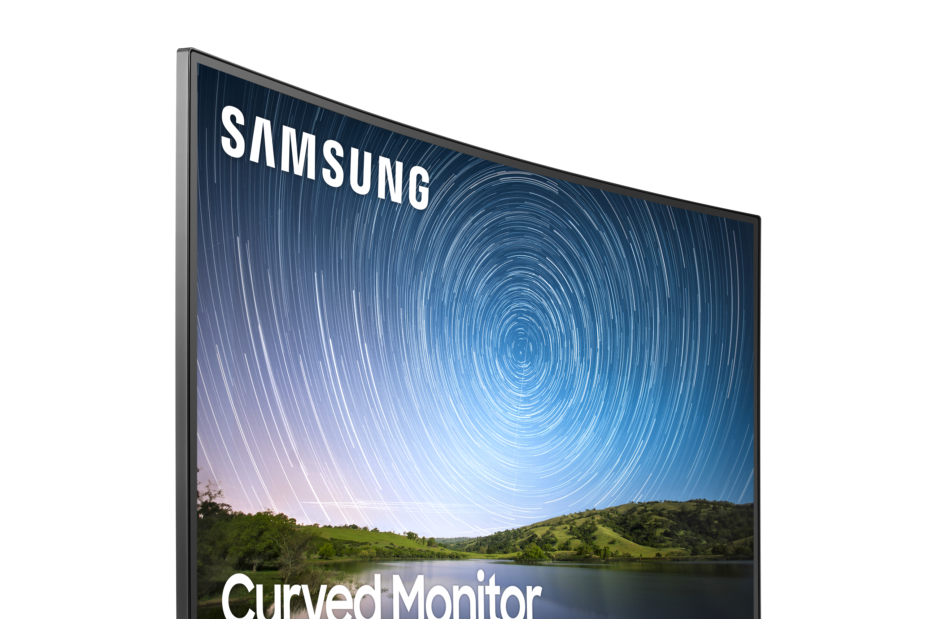Zbliżenie monitora Samsung Curved wyświetlającego gwiazdy.