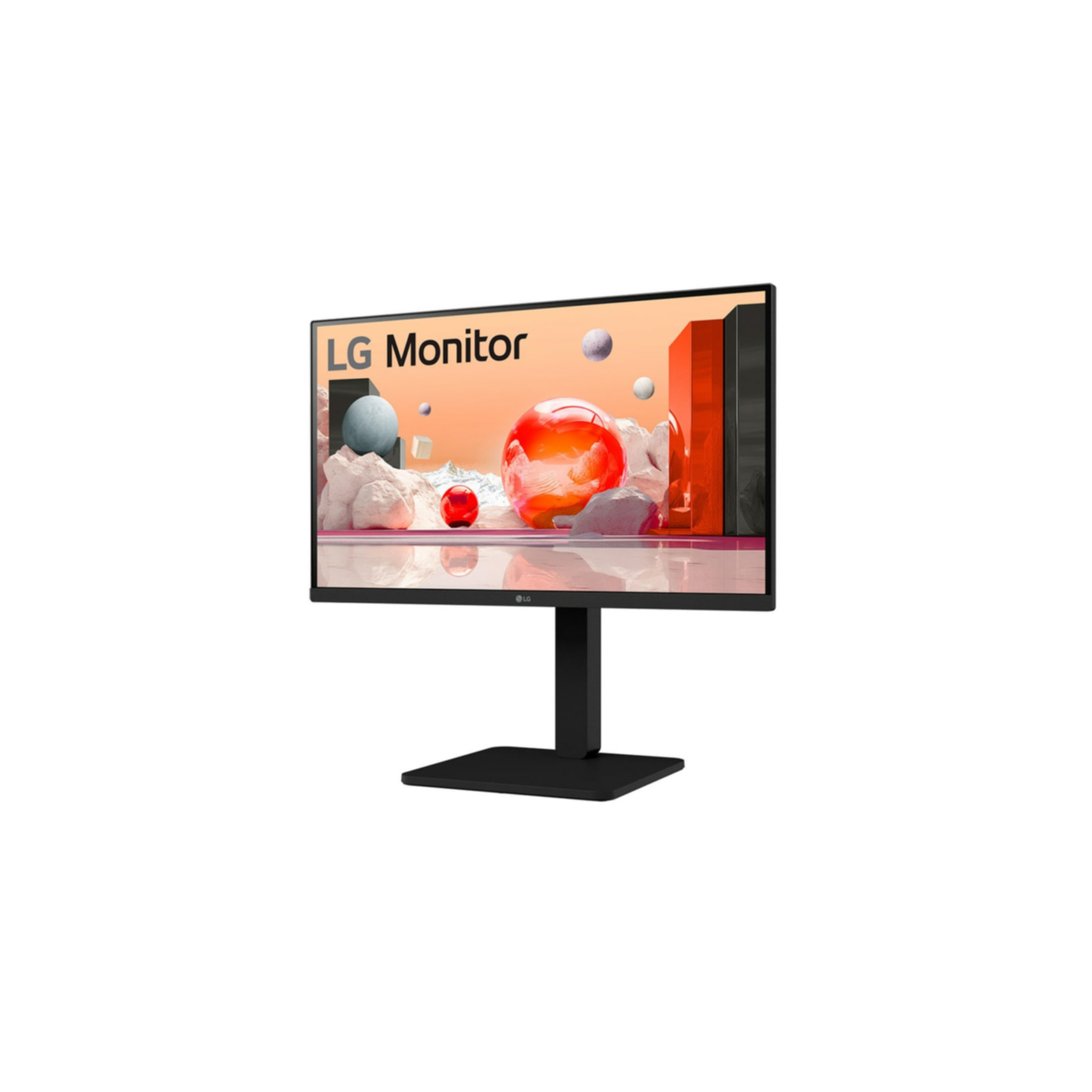 Monitor LG na podstawie wyświetla kolorowe sfery. Logo LG Monitor znajduje się w lewym górnym rogu.