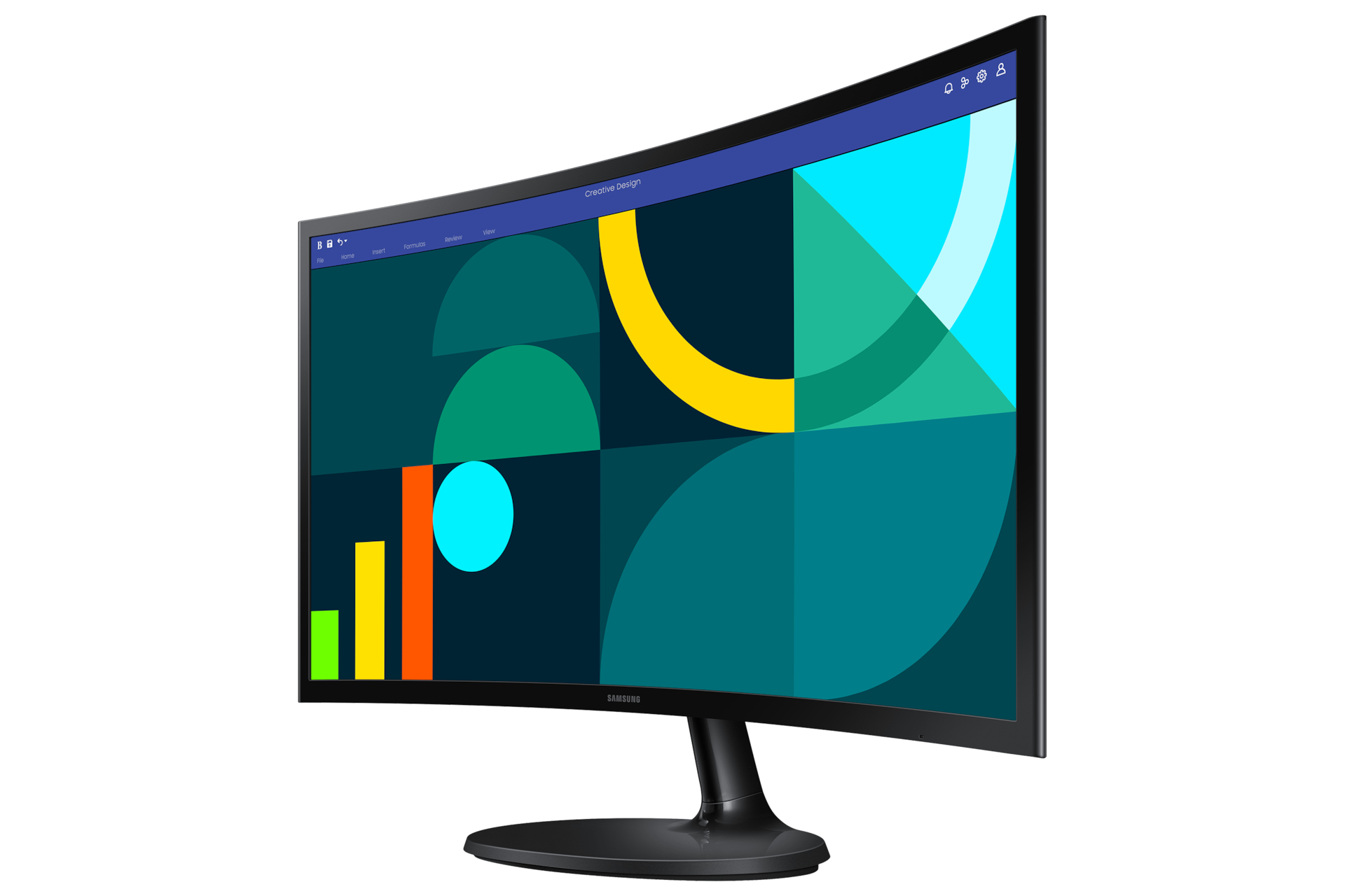 Un monitor curvo che mostra un design grafico astratto e colorato su un supporto nero.