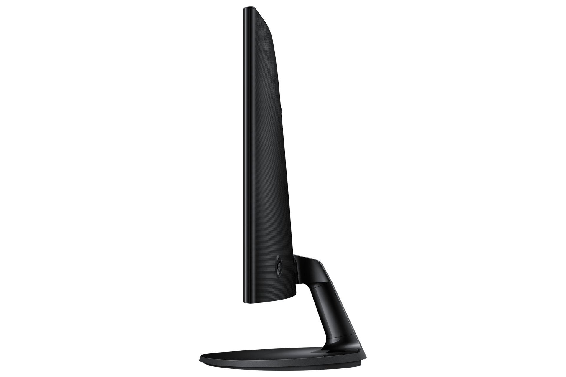 Vista laterale di un monitor nero. Ha un profilo sottile e un supporto nero, su sfondo bianco.