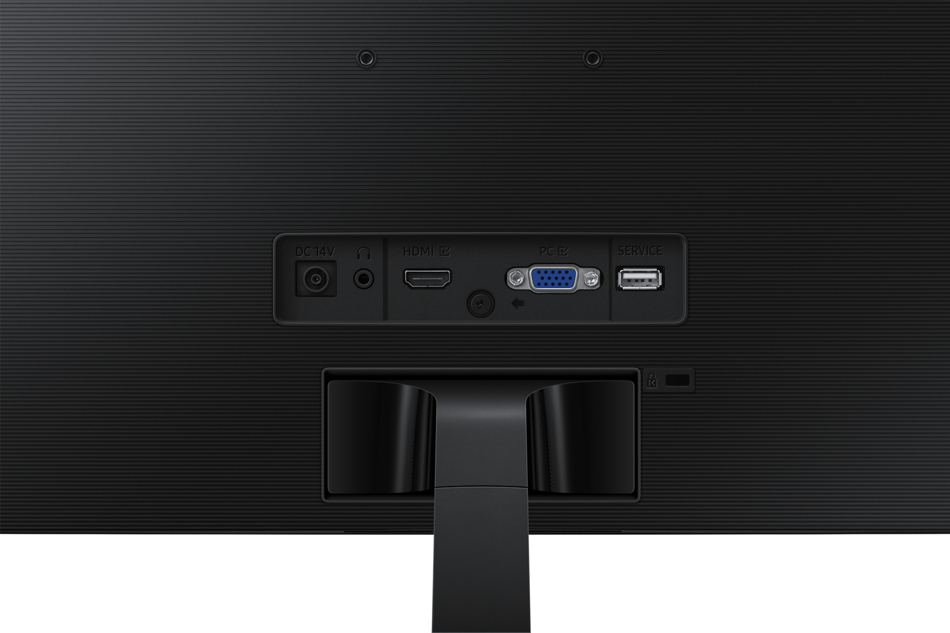 Il retro di un monitor con varie porte e connessioni, tra cui DC e HDMI.