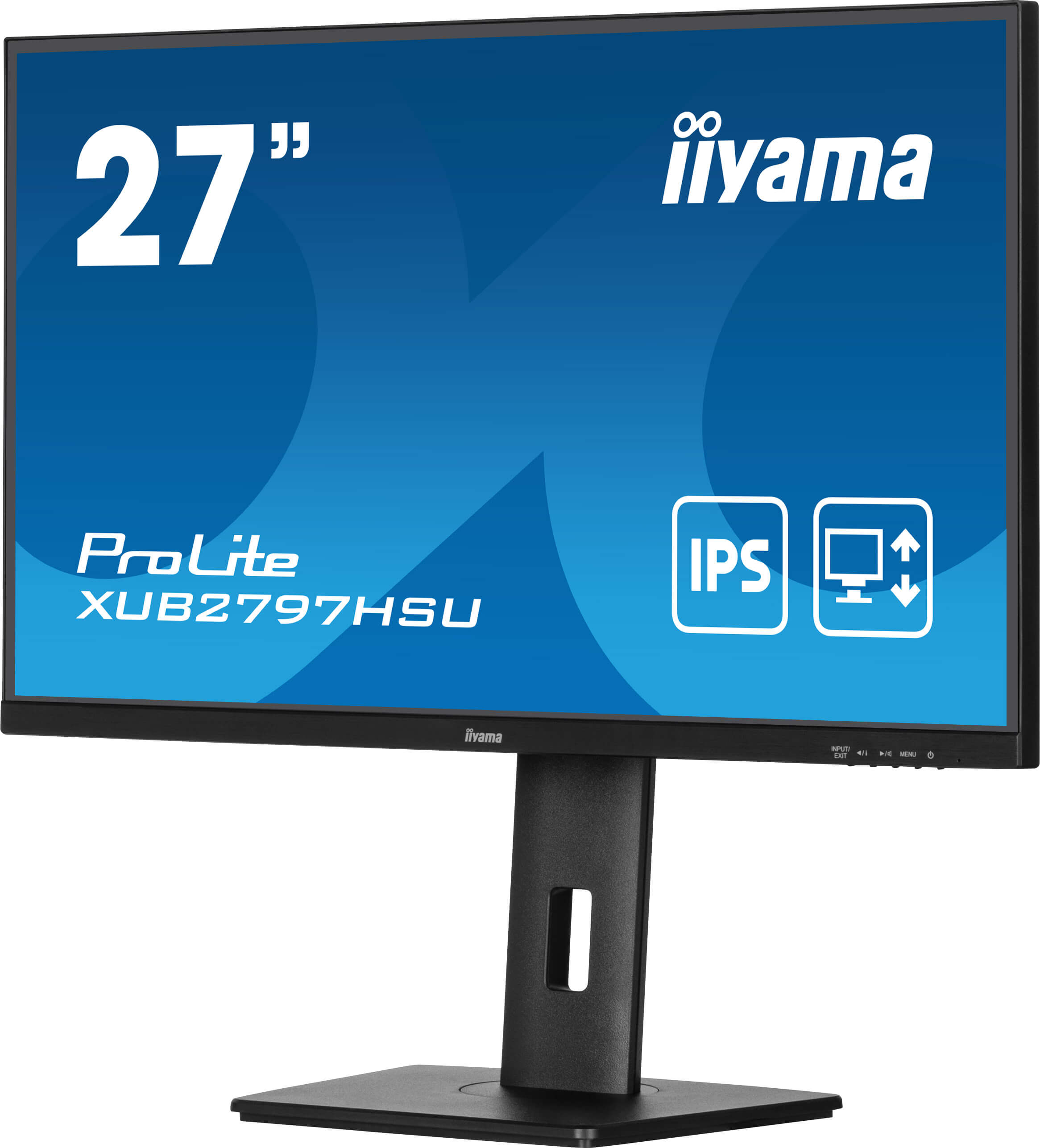 27-calowy monitor iiyama ProLite, czarna ramka, niebieski ekran, z ikonami IPS i wyświetlacza.