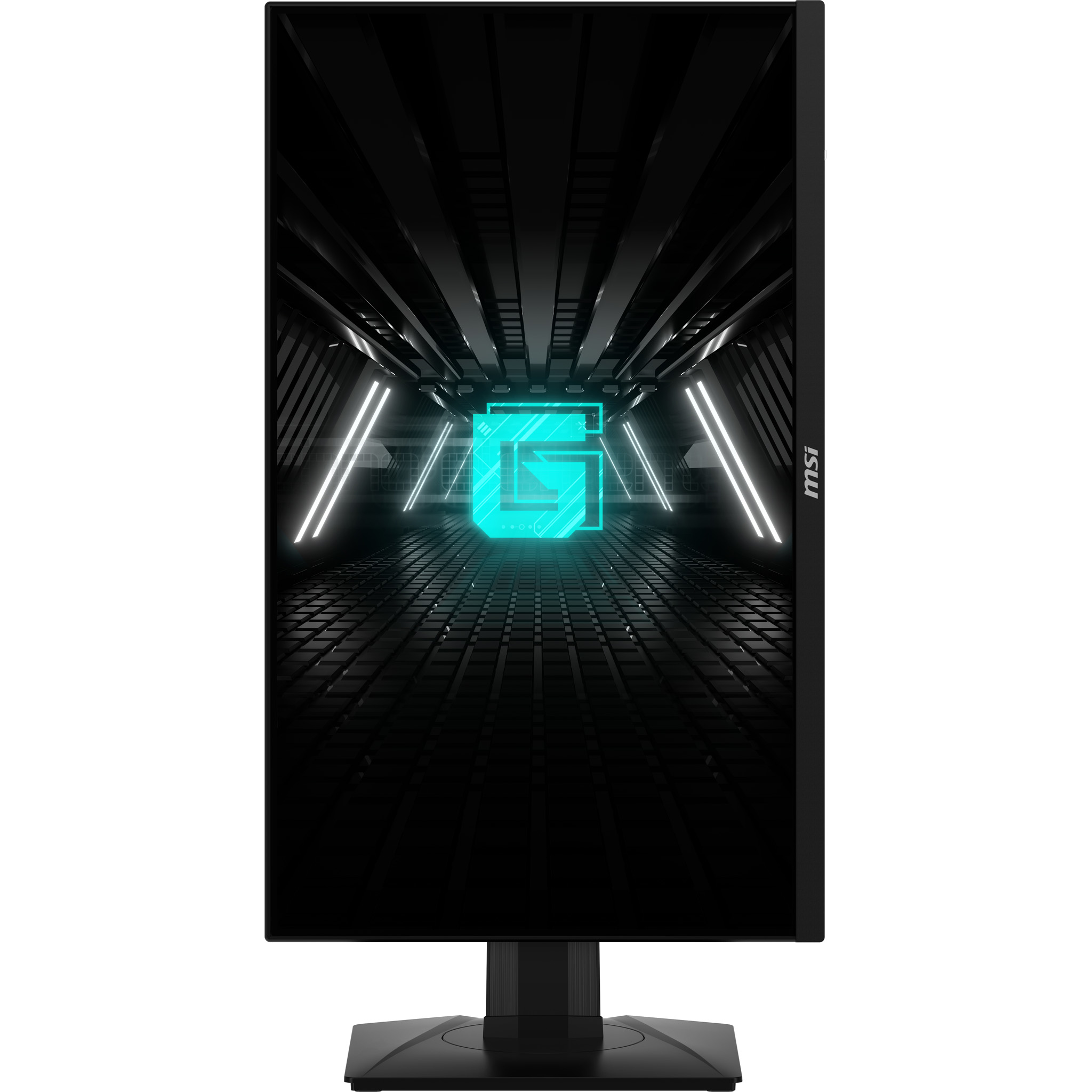 Monitor MSI con símbolo 'G' turquesa sobre fondo oscuro futurista. Soporte negro.