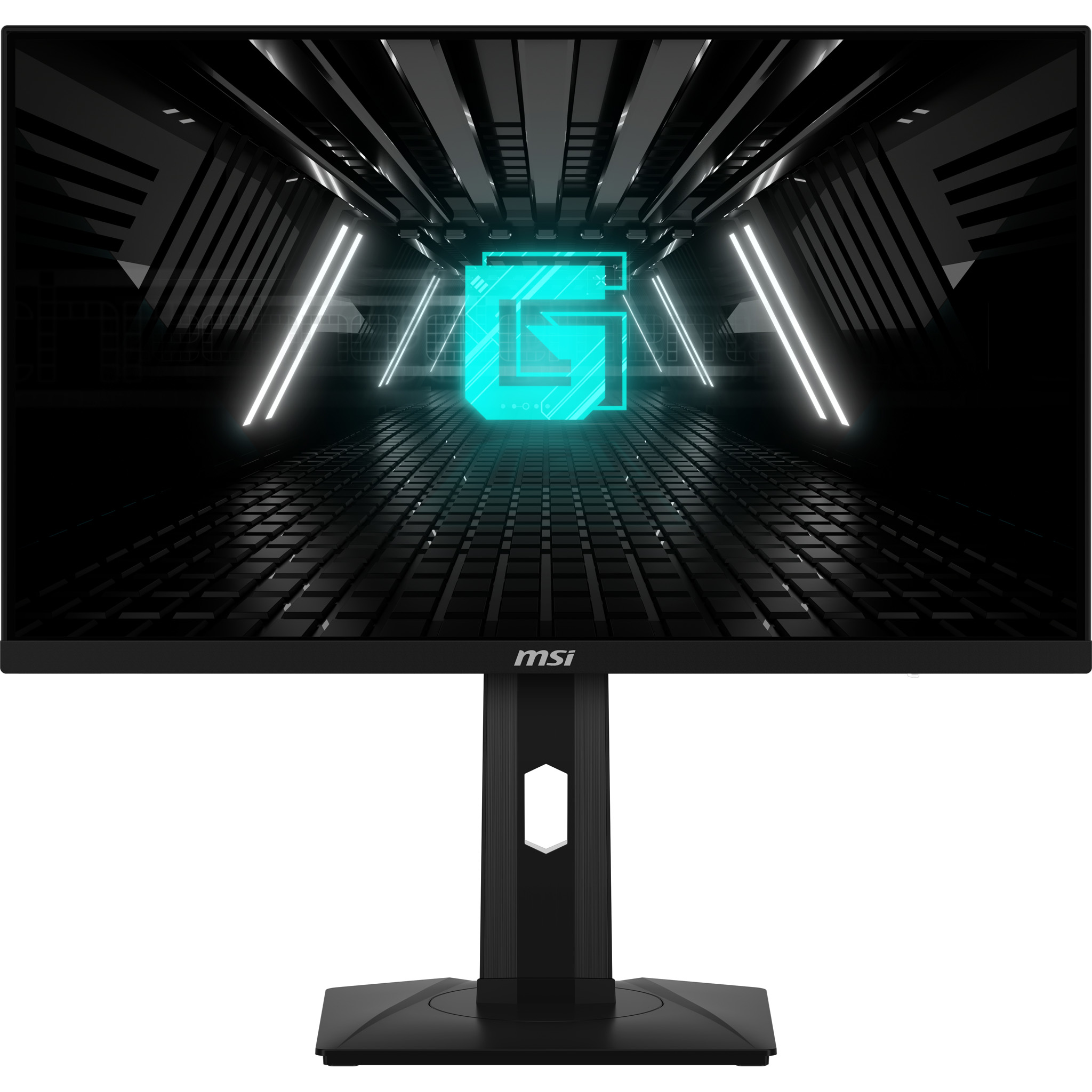 Un monitor de juegos MSI negro, mostrando un logotipo G con un fondo futurista.