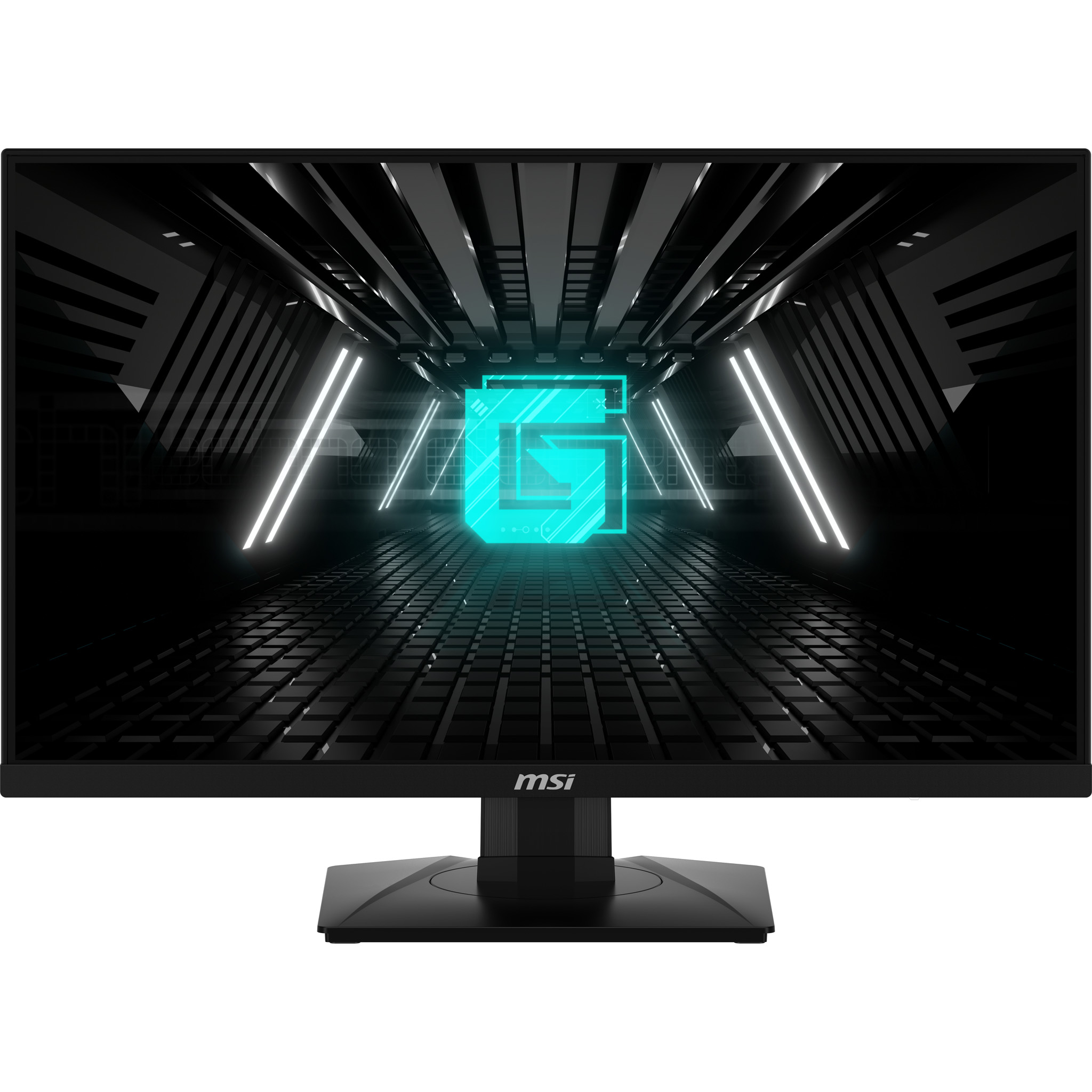 Monitor negro con un logotipo en azul y verde neón, con un soporte negro.