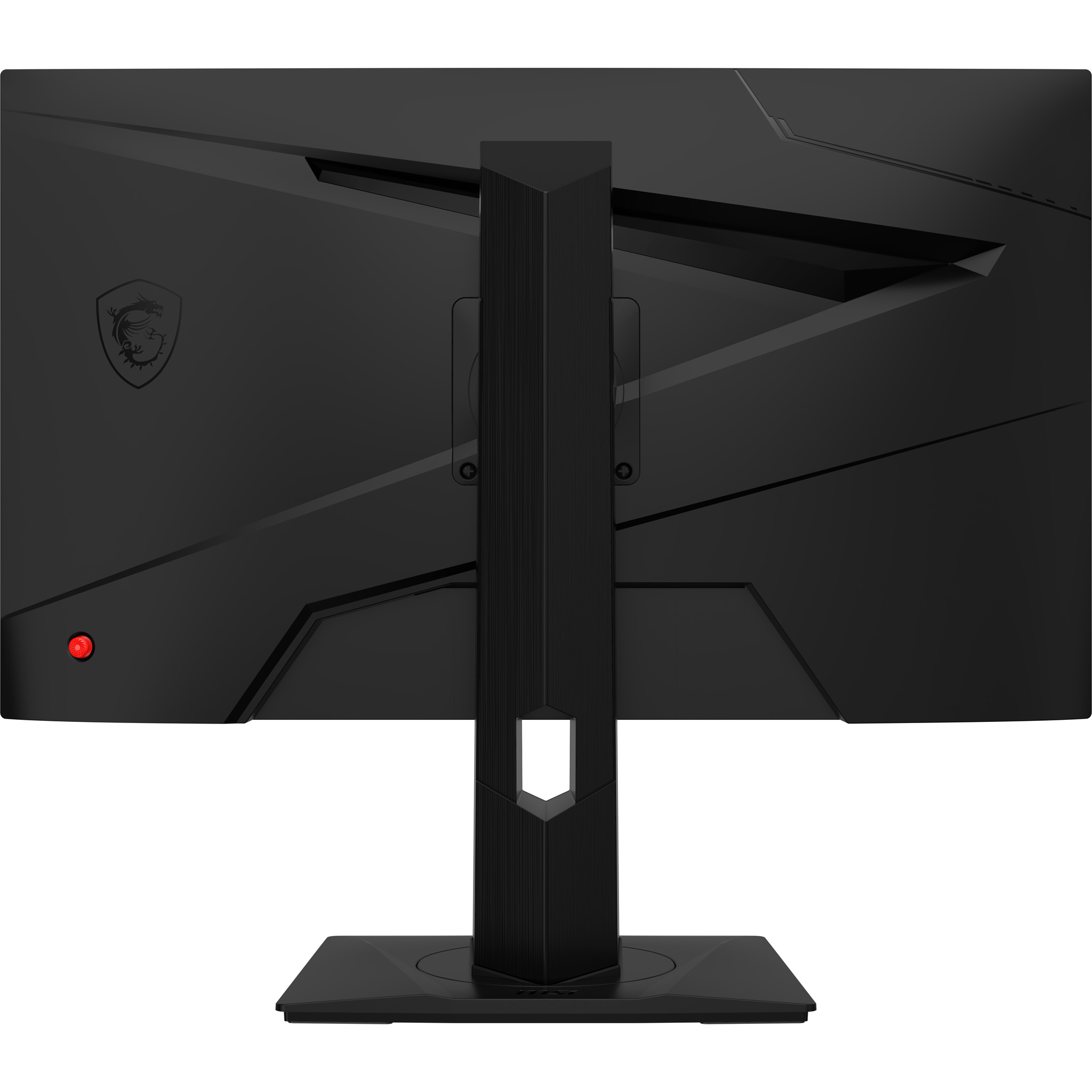 Vista trasera del monitor MSI negro, mostrando soporte y logo MSI.