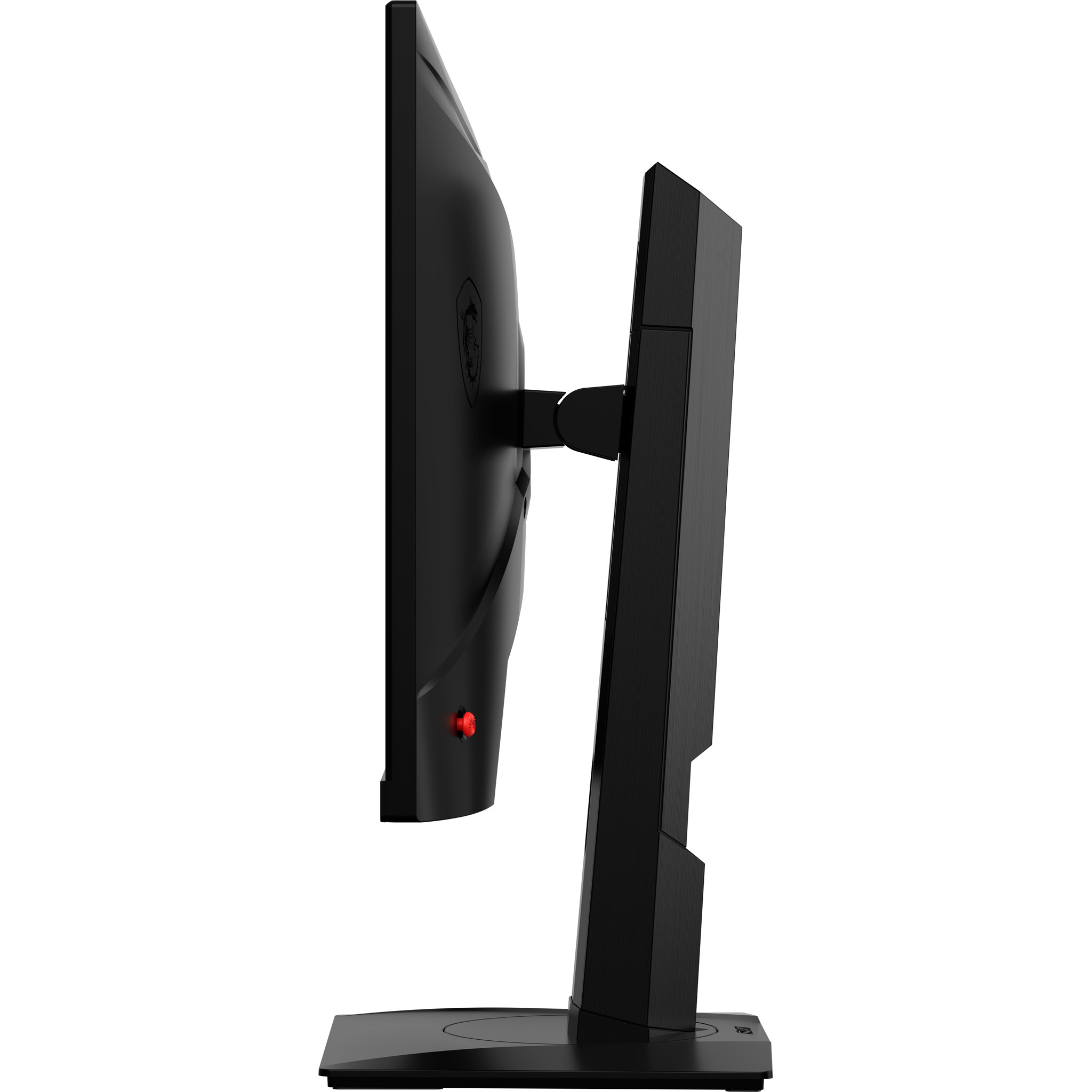 Un monitor MSI negro se encuentra sobre una superficie blanca.