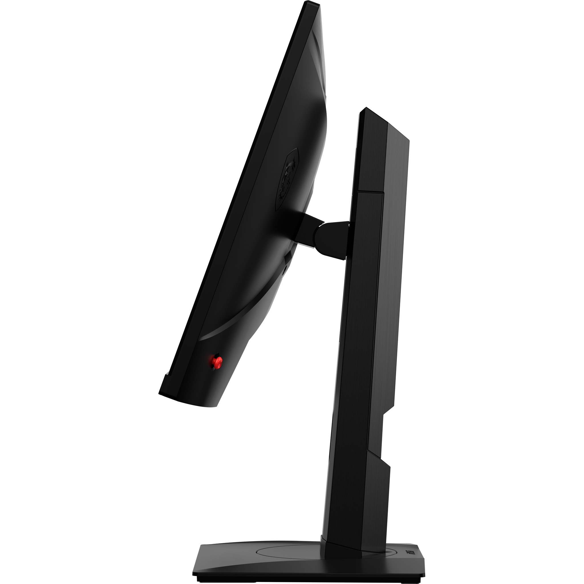 Vista lateral de un monitor negro sobre un soporte negro. Tiene un botón de encendido rojo.