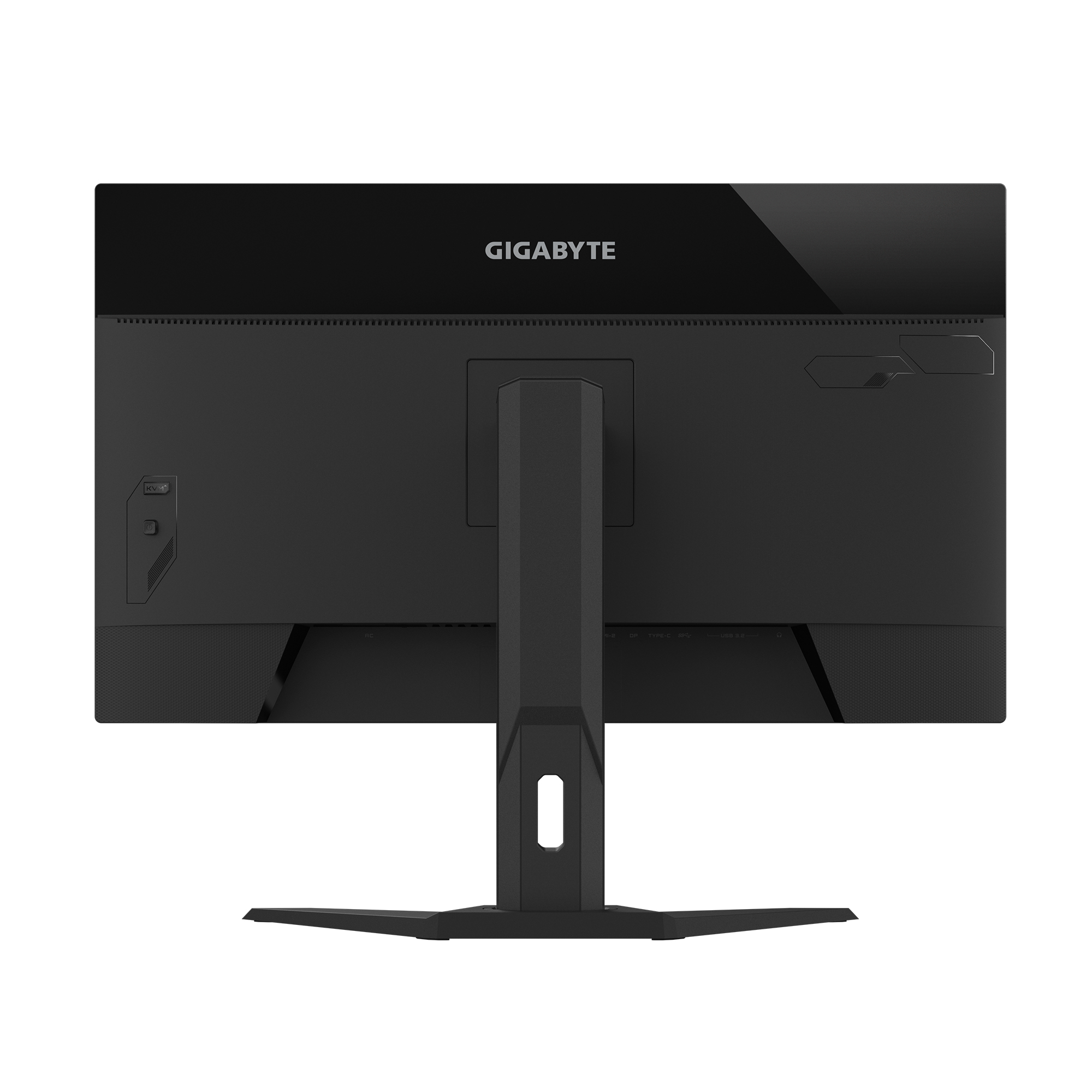Tył czarnego monitora ze stojakiem i różnymi portami, z marką GIGABYTE.