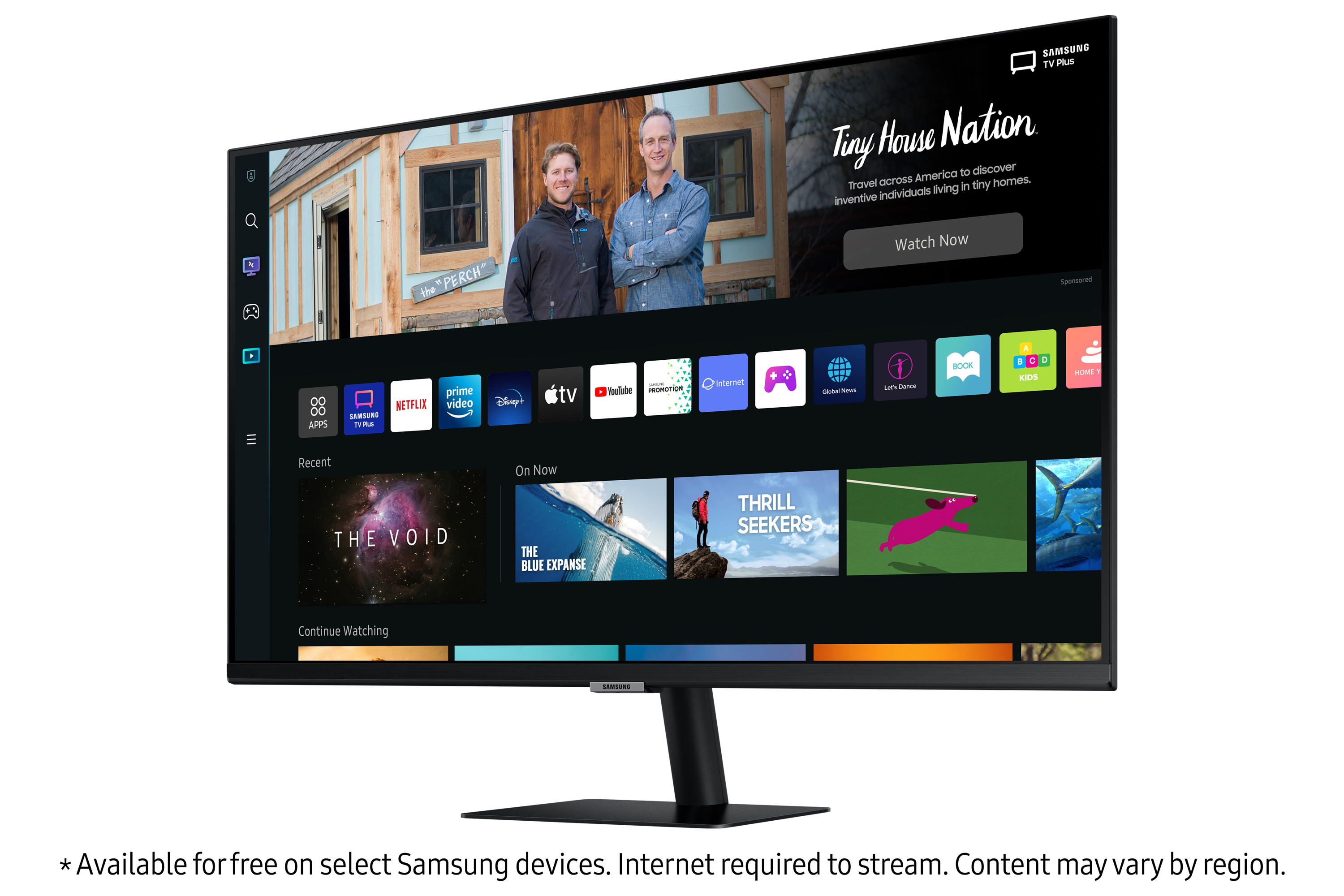 Monitor nero con interfaccia TV Samsung con varie app di streaming.